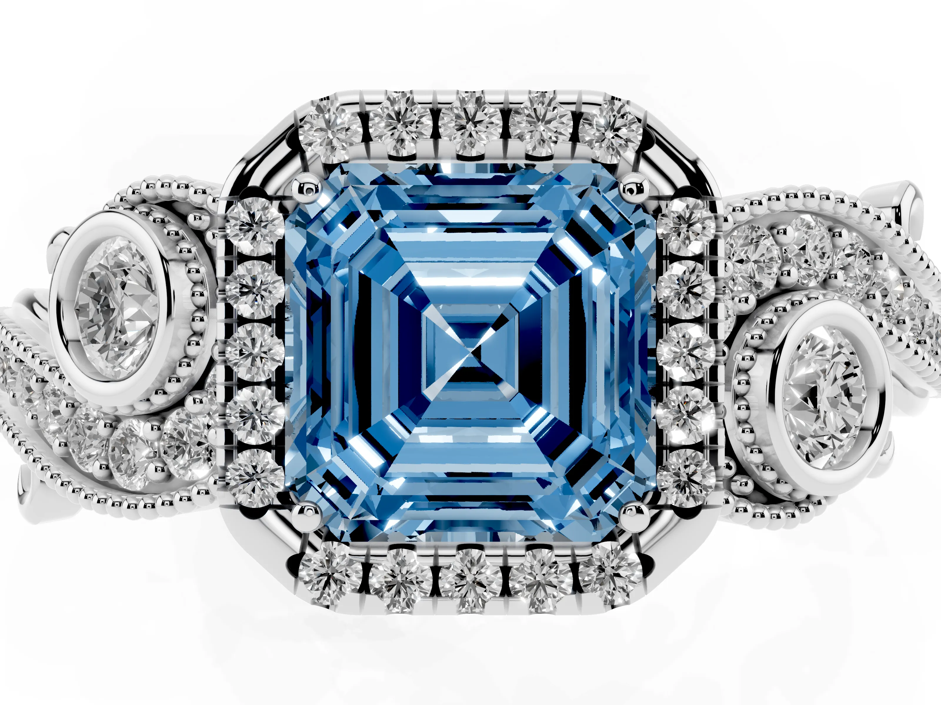 Fancy Blue Asscher Cut Diamond Halo Ring Set in Silver with Milgrain Pavé Band and Prong Setting