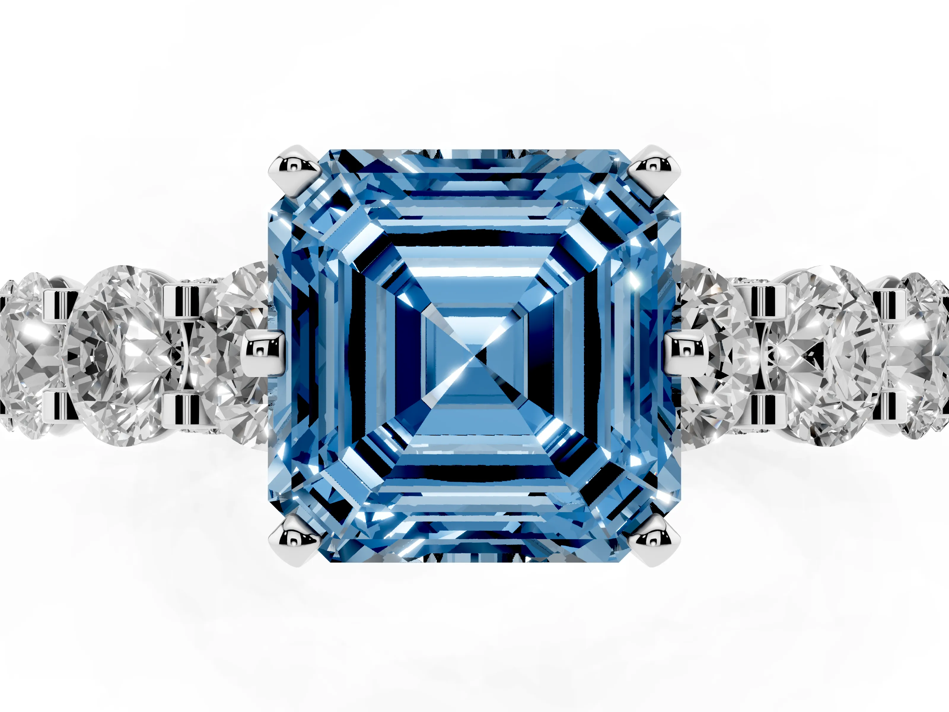 Fancy Blue Asscher Cut Diamond Side Stone Ring Set in Silver with Alternating Round and Oval Side Stones
