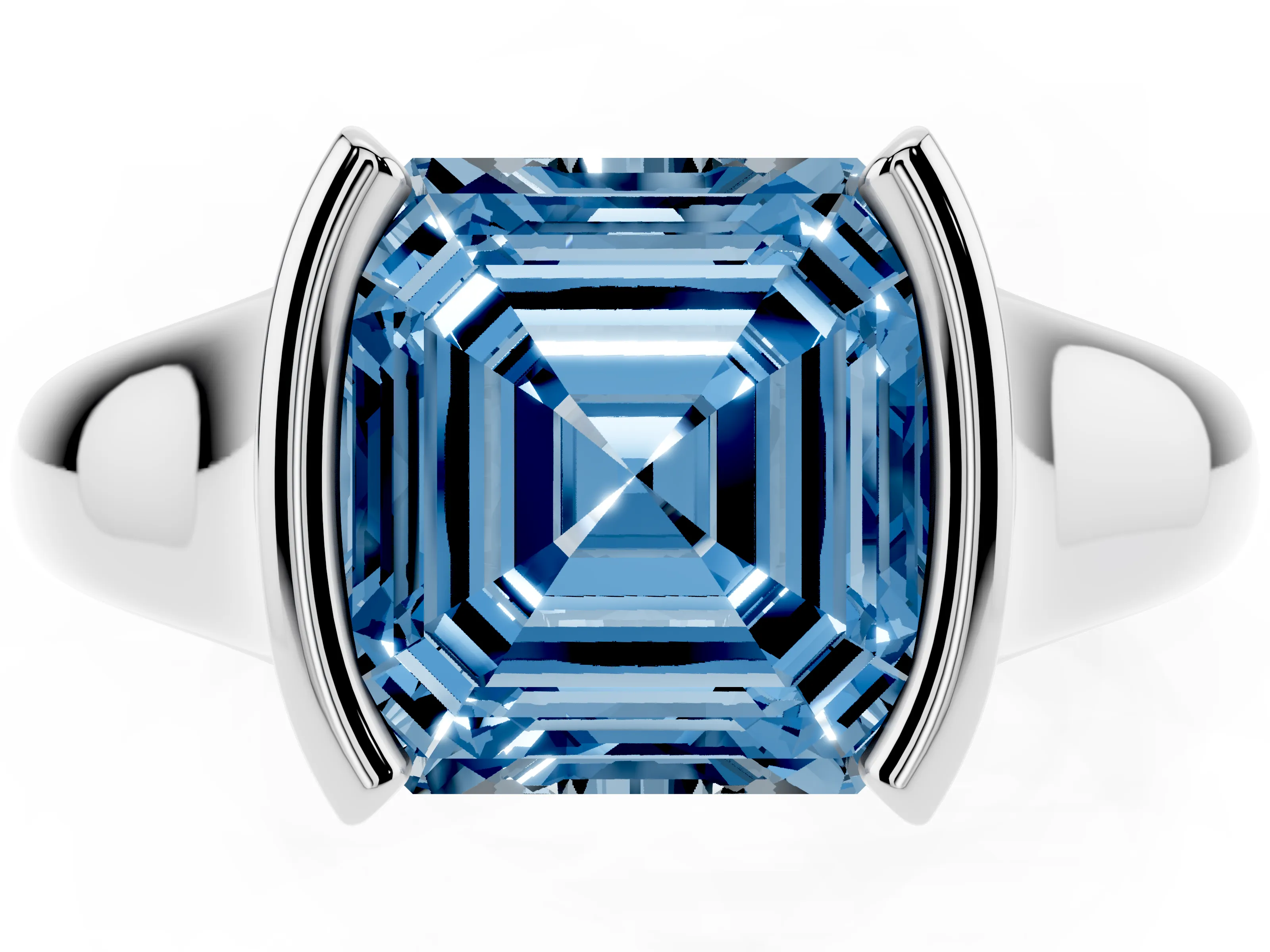 Fancy Blue Asscher Cut Diamond Solitaire Tension Set Ring Set in White gold with Split Shank Band