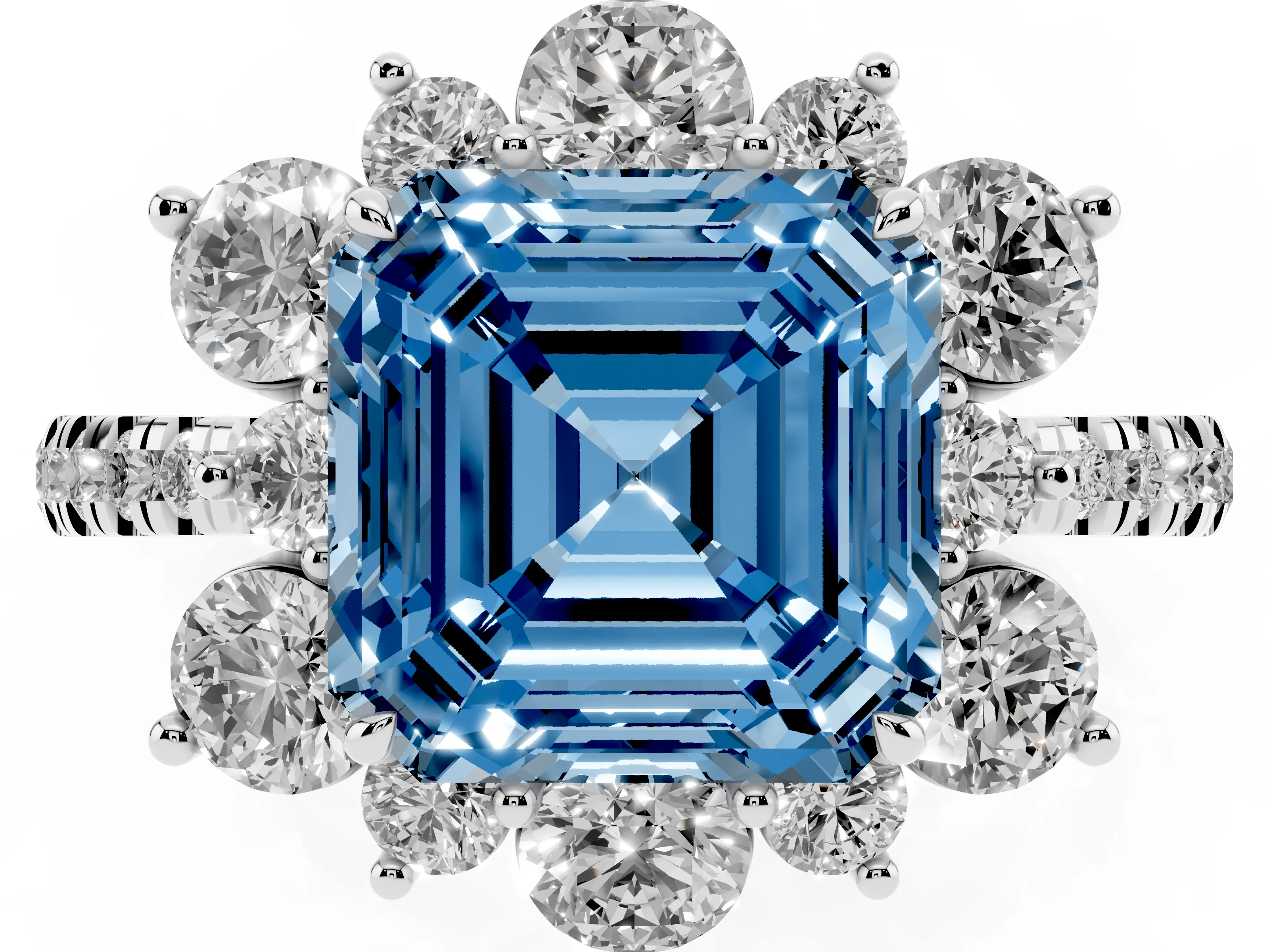 Fancy Blue Asscher Cut Diamond Floral Halo Ring Set in White gold with Round Pavé Band and Prong Setting