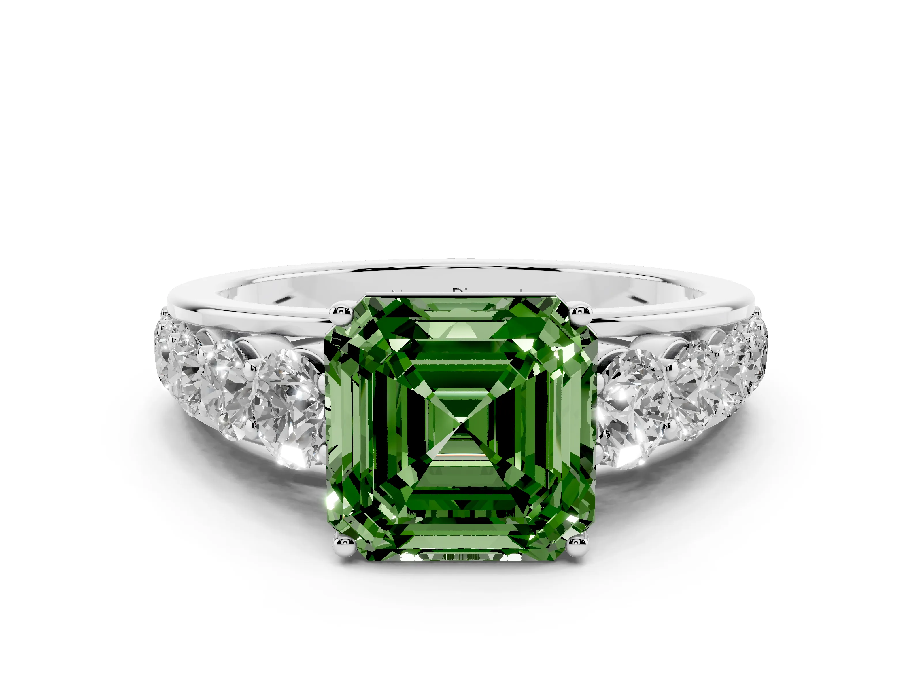 Fancy Green Asscher Cut Diamond Solitaire Ring Set in White gold with Pavé-Set Band and Prong Setting