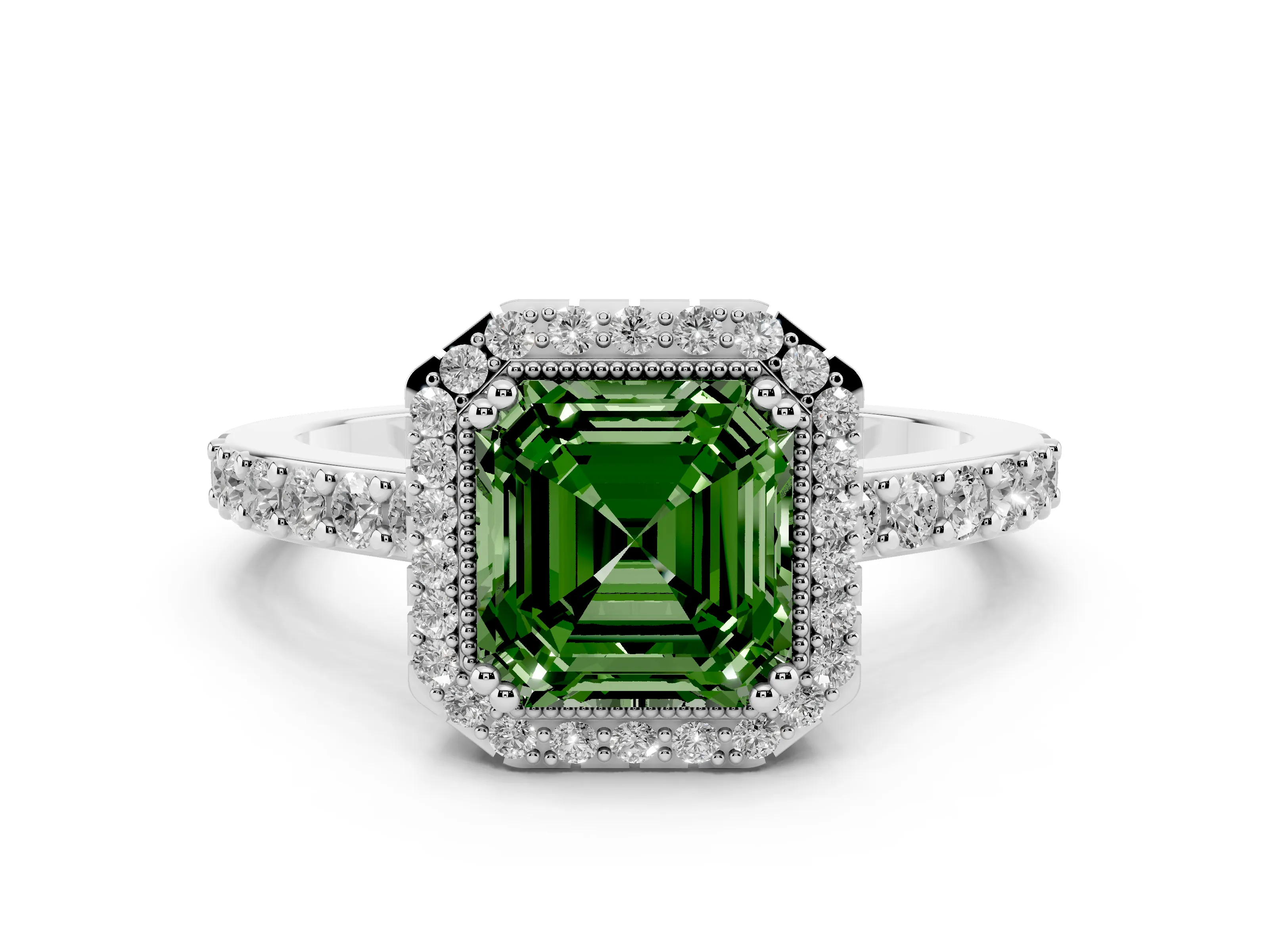 Fancy Green Asscher Cut Diamond Halo Engagement Ring Set in Platinum with Milgrain Detail and Pavé Band