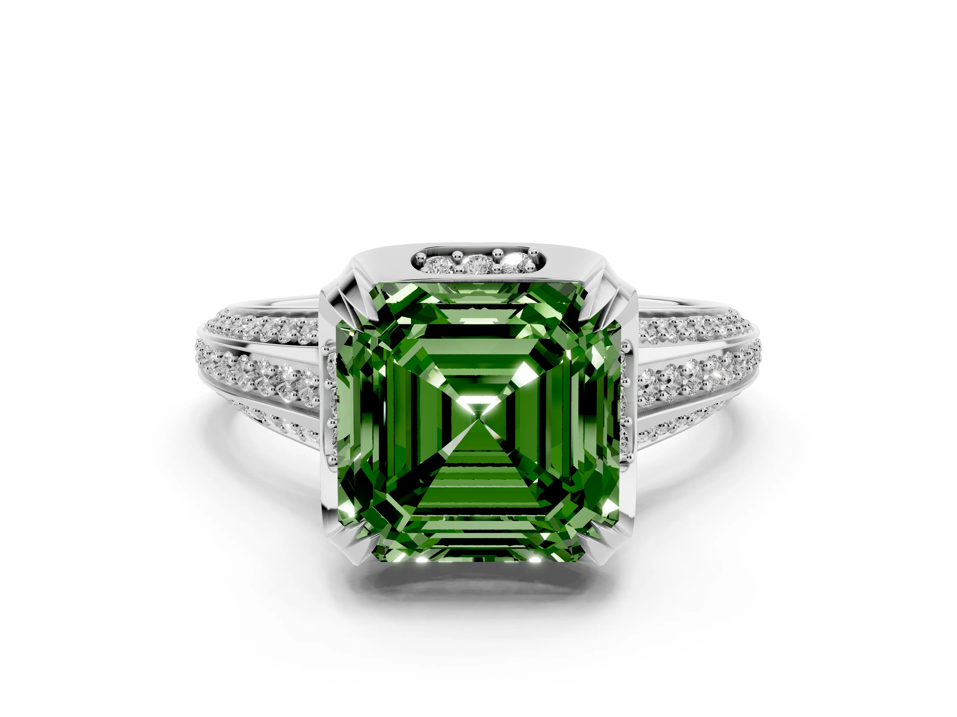 Fancy Green Asscher Cut Diamond Pavé Split Shank Solitaire Ring Set in Platinum with Prong Setting