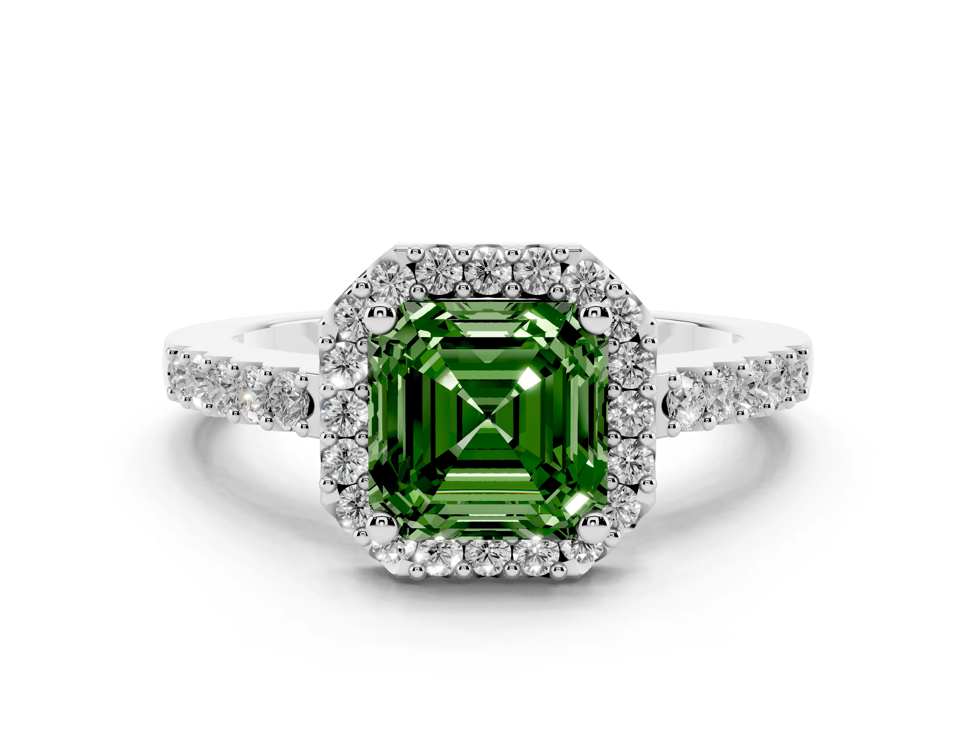 Fancy Green Asscher Cut Diamond Halo Pavé Solitaire Ring Set in White gold with Prong-Set Center Stone
