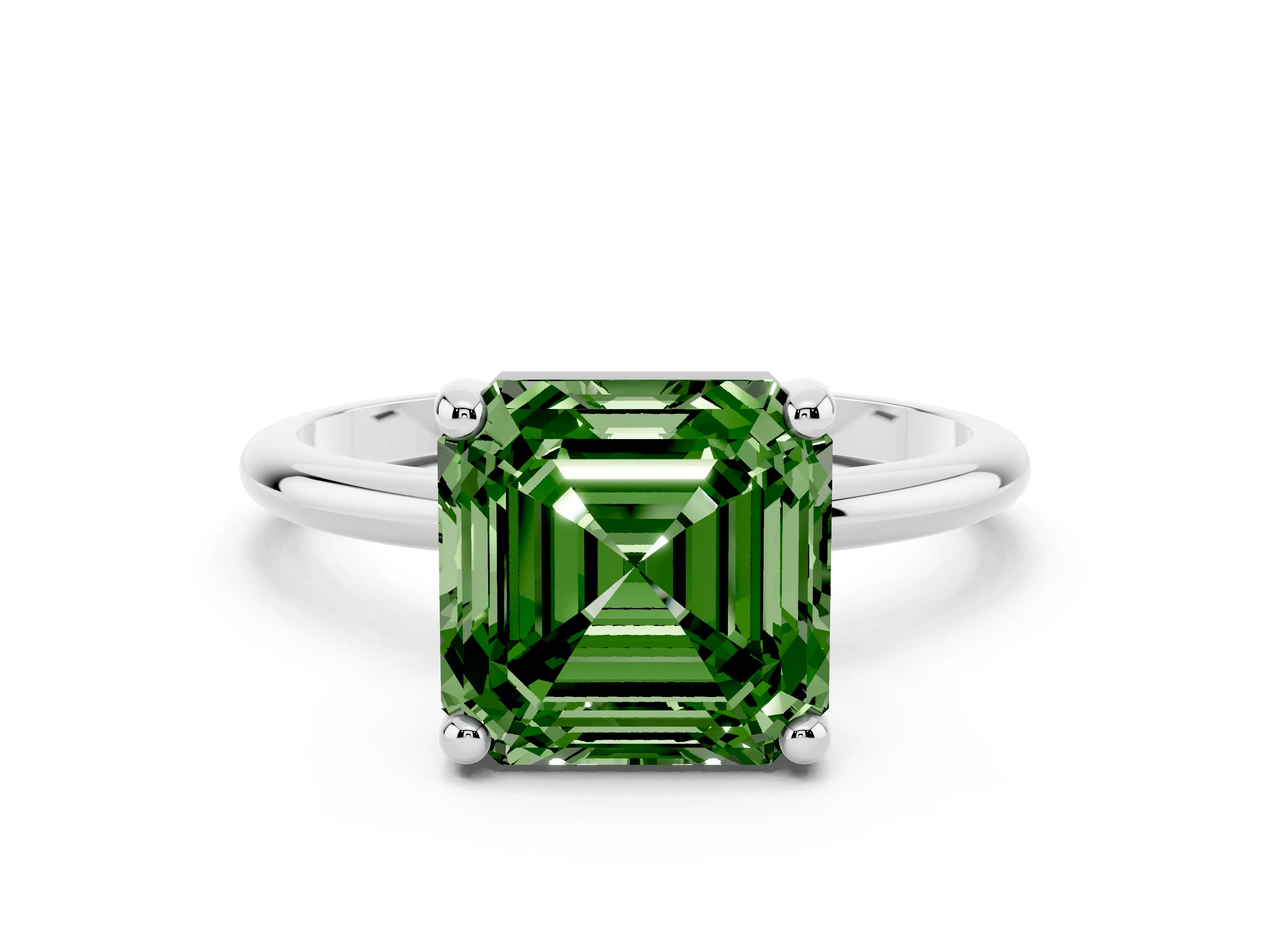 Fancy Green Asscher Cut Diamond Solitaire Ring Set in White gold with Secure Prong Setting on a Classic Band