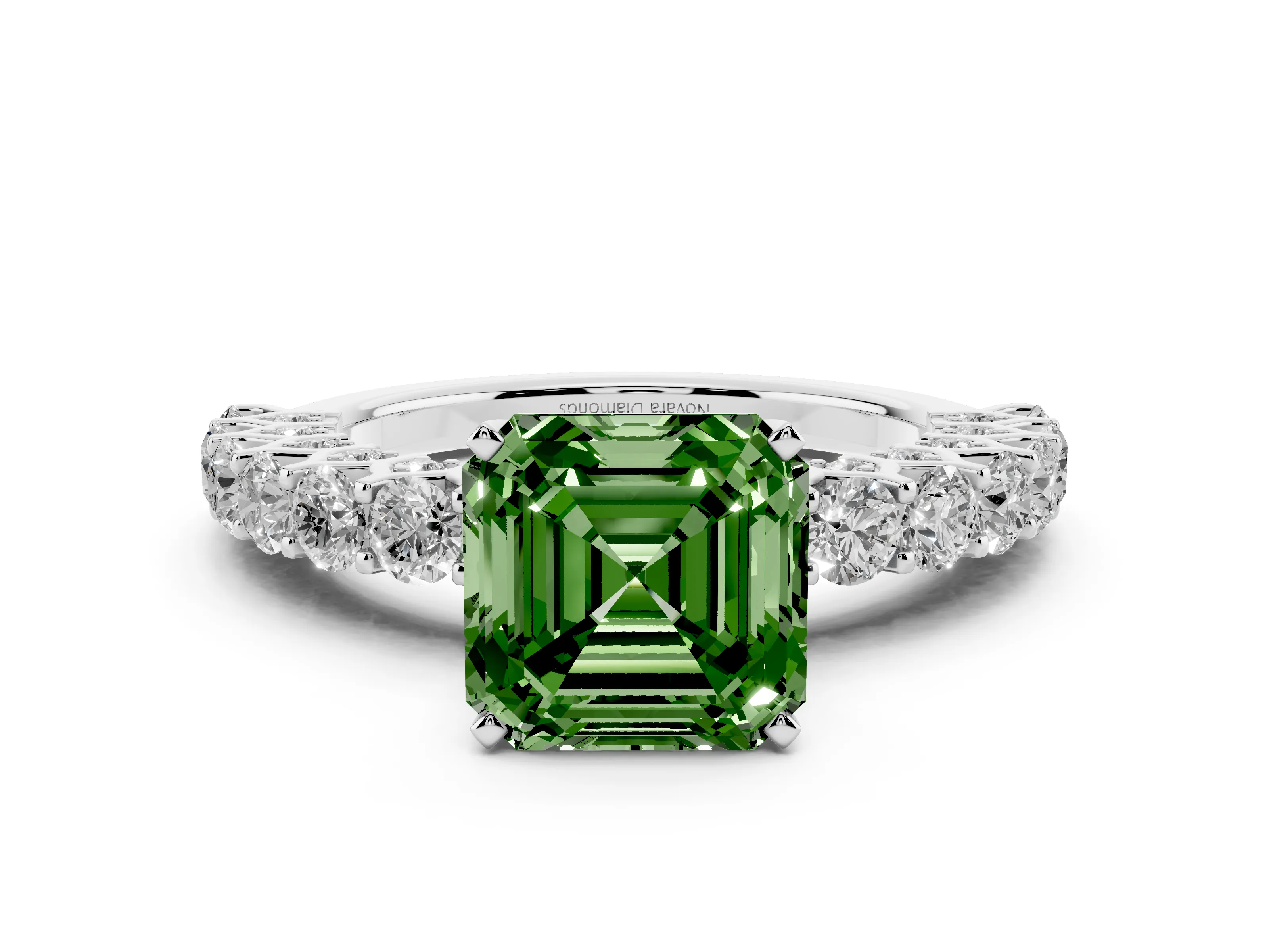 Fancy Green Asscher Cut Diamond Solitaire Ring Set in Silver with Shared Prong Pavé Band