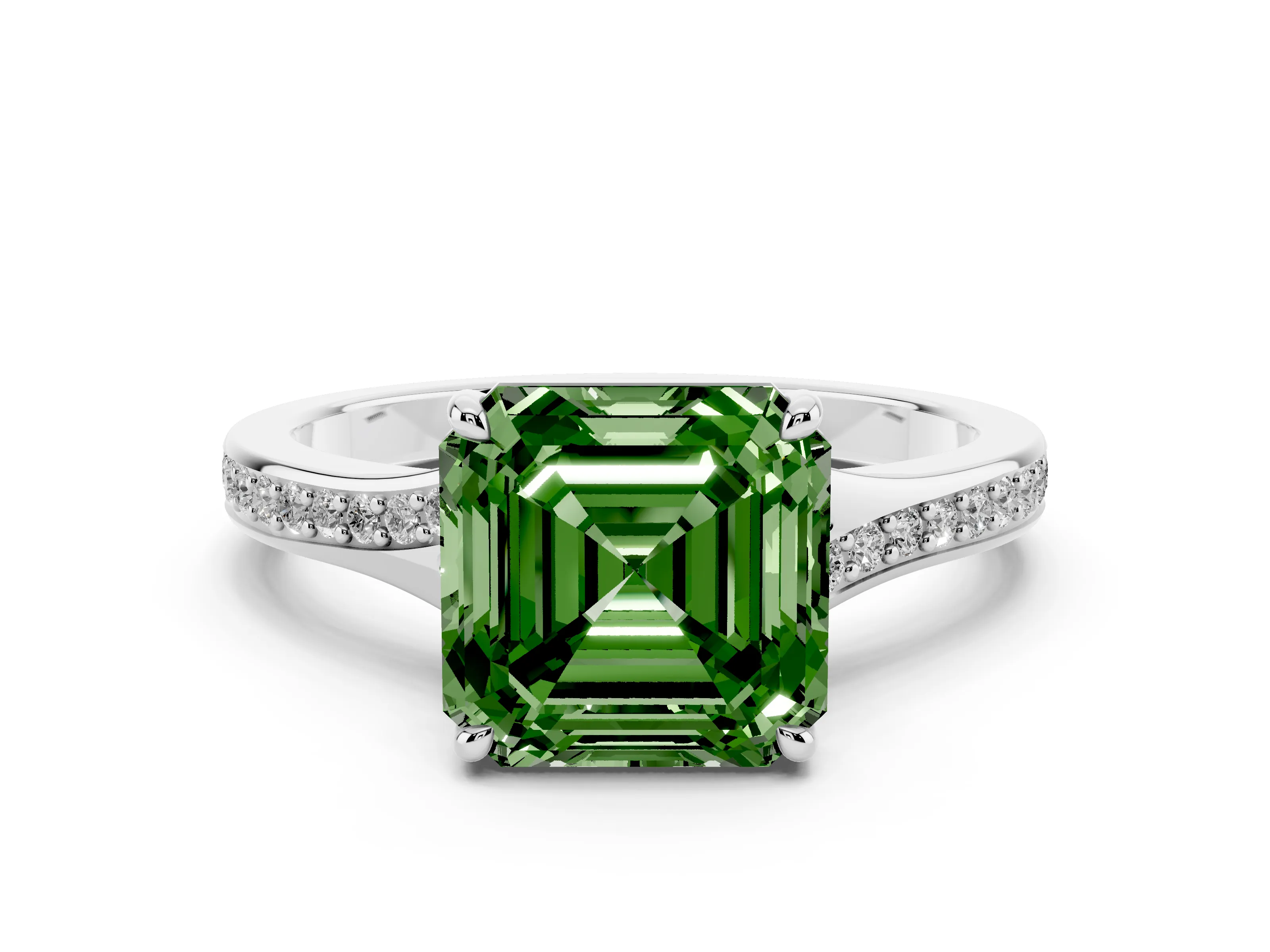 Fancy Green Asscher Cut Diamond Solitaire Ring Set in Silver with Pavé Accent Band and Classic Prong Setting
