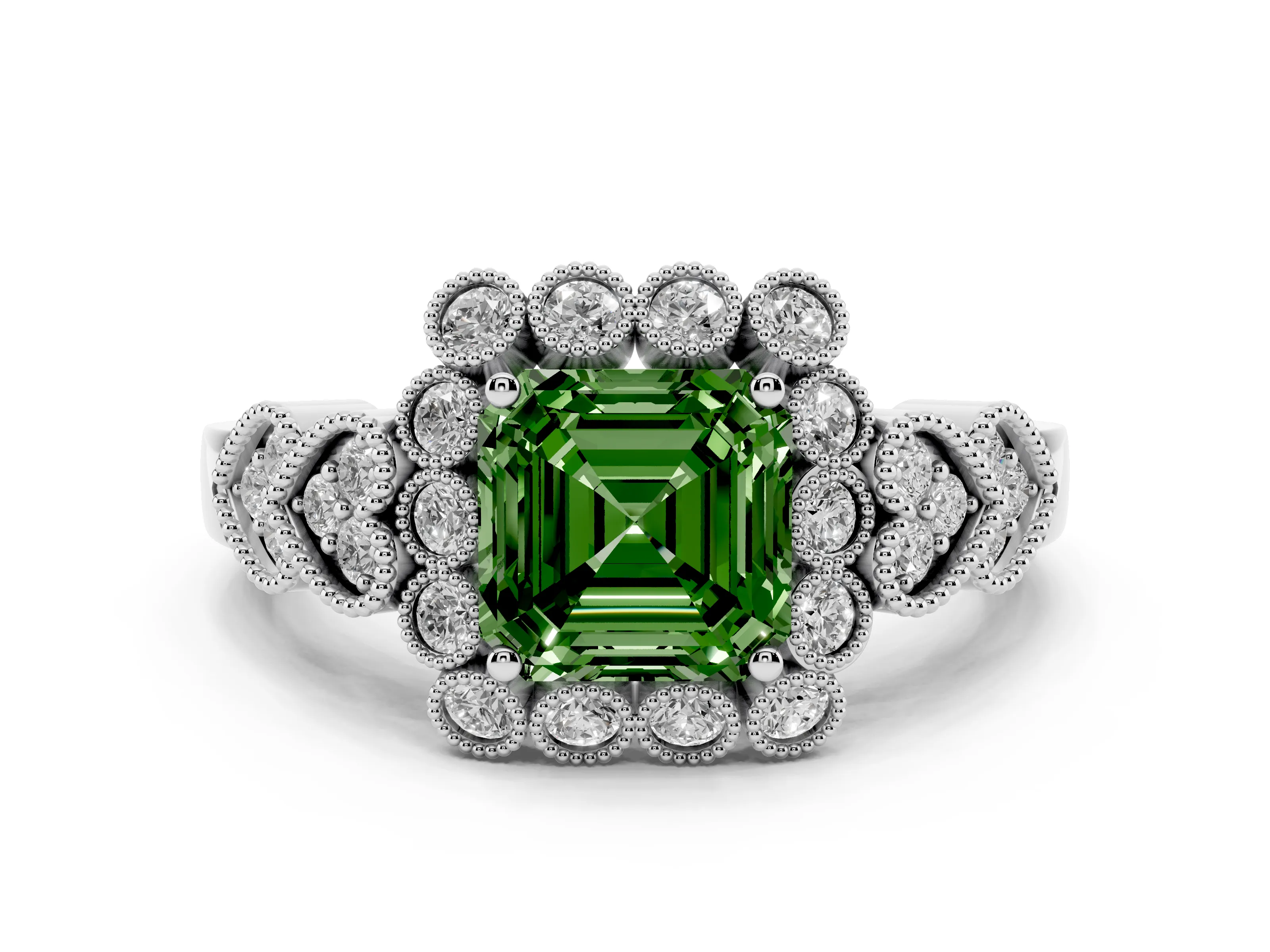 Fancy Green Asscher Cut Diamond Solitaire Ring Set in White gold with Milgrain Pavé Heart Band
