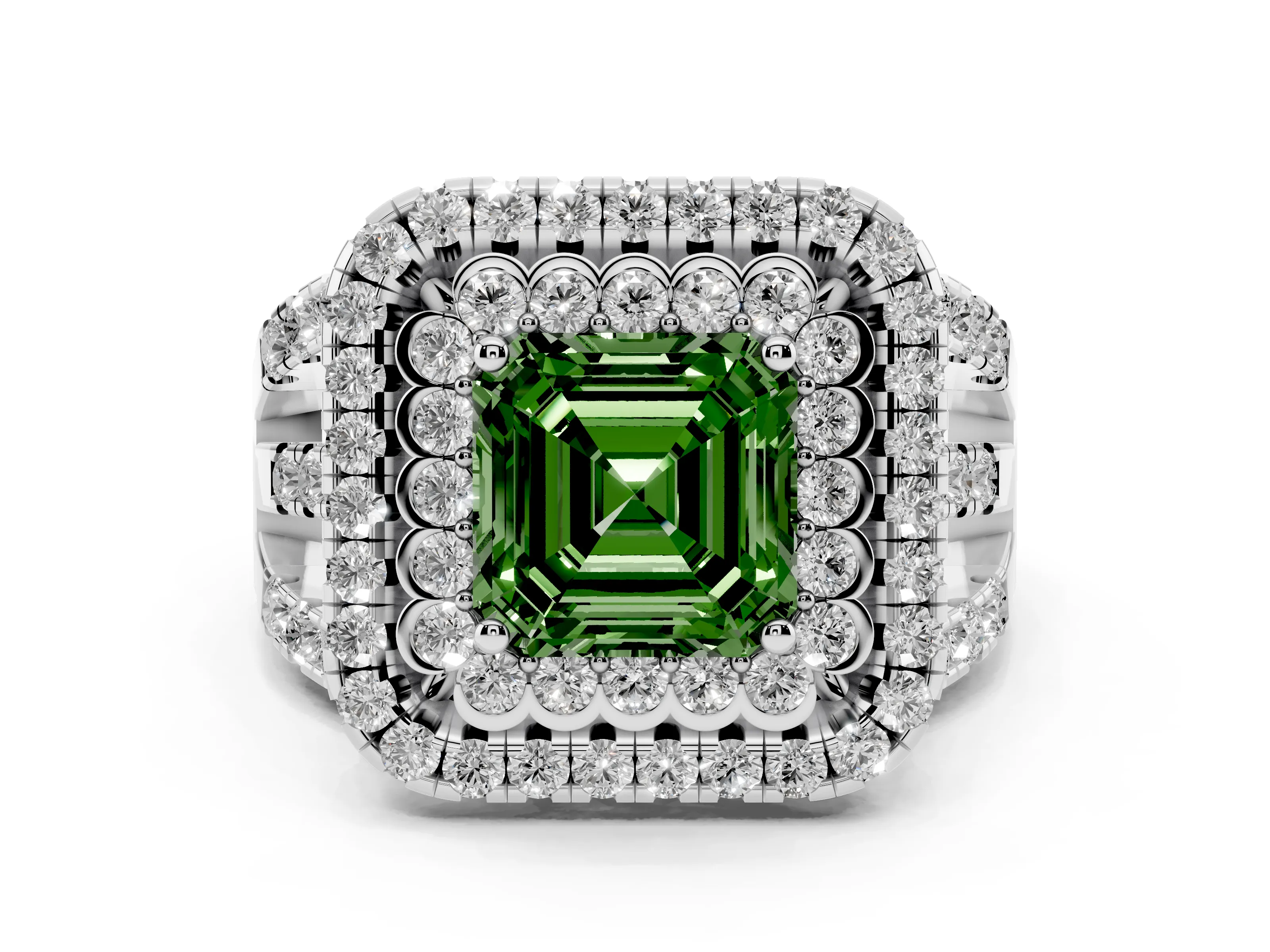 Fancy Green Asscher Cut Diamond Double Halo Ring Set in White gold with Round Pavé Split Shank