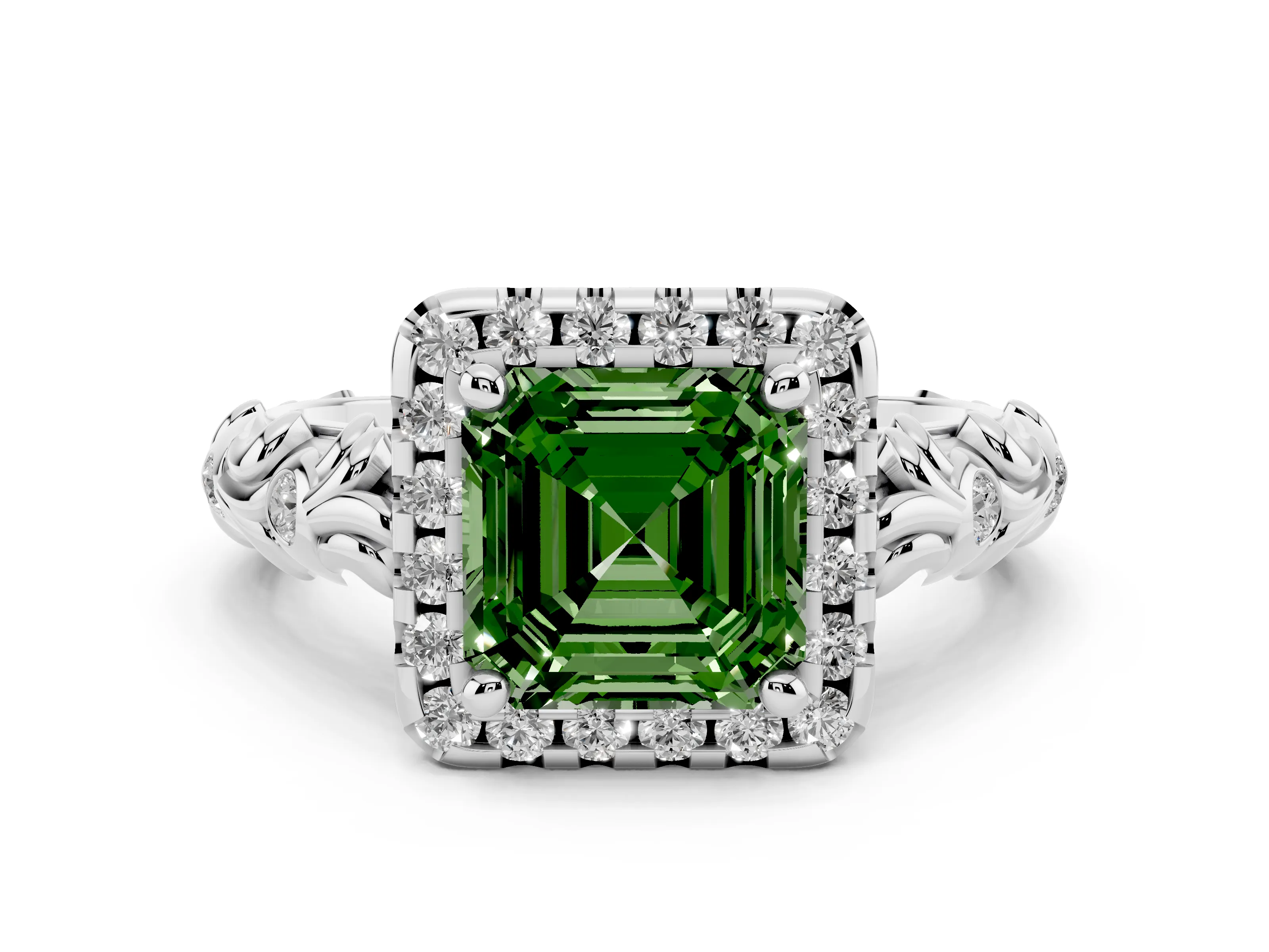 Fancy Green Asscher Cut Diamond Halo Ring Set in Platinum with Filigree Leaf Band and Prong Setting