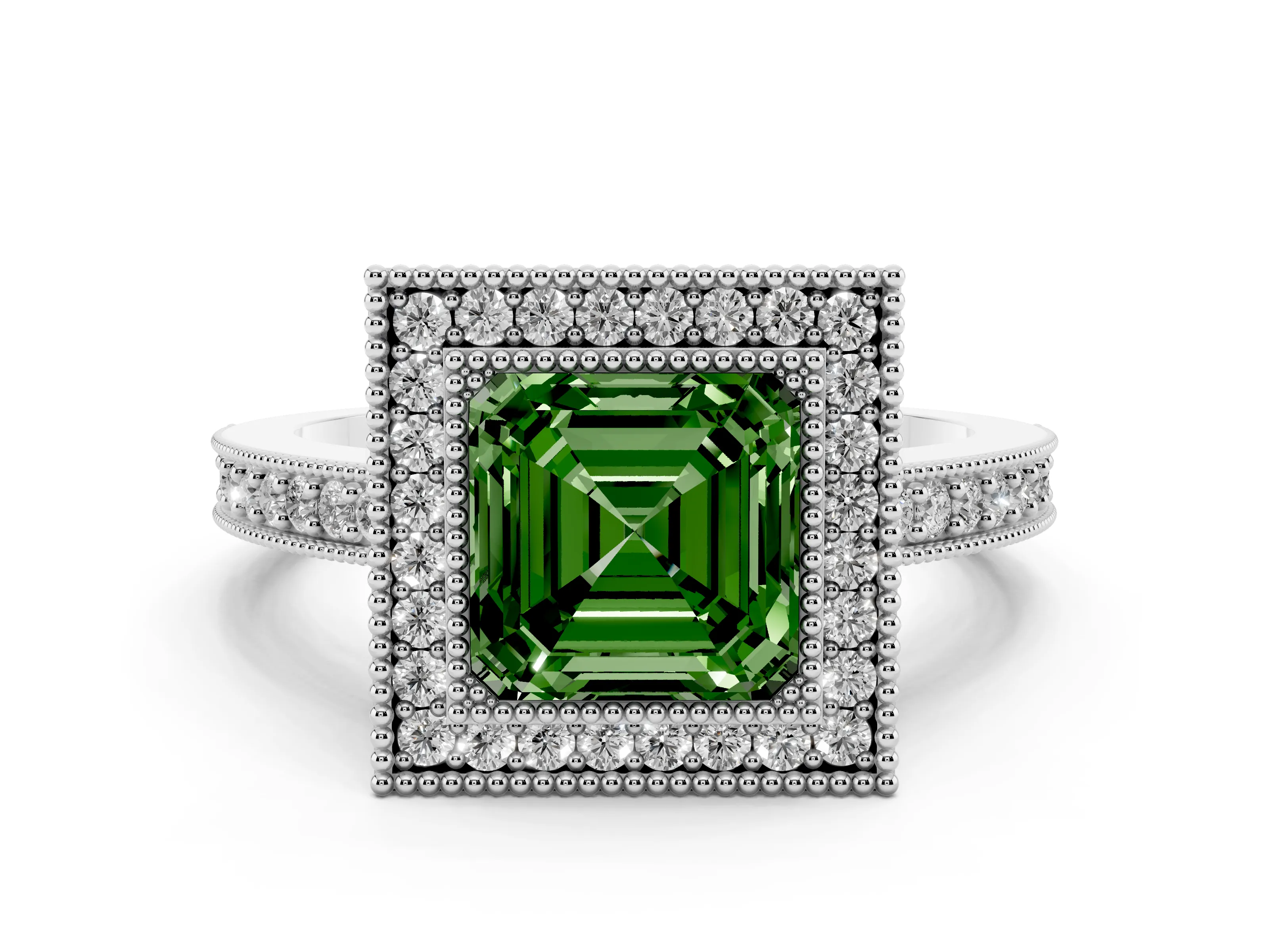 Fancy Green Asscher Cut Diamond Halo Engagement Ring Set in White gold with Pavé Band and Round Halo Stones