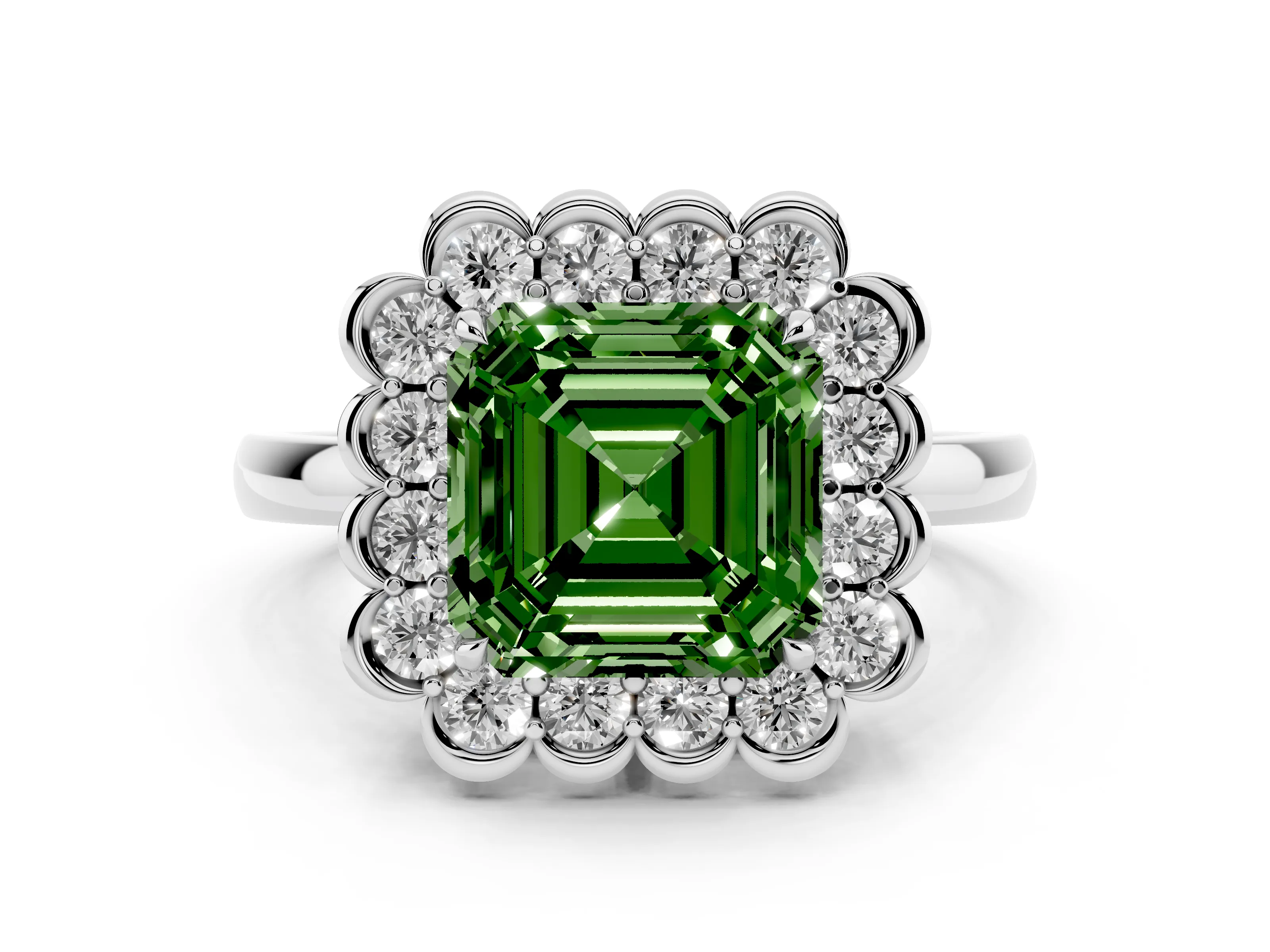 Fancy Green Asscher Cut Diamond Halo Cluster Engagement Ring Set in Platinum with Solitaire Band and Prong Setting