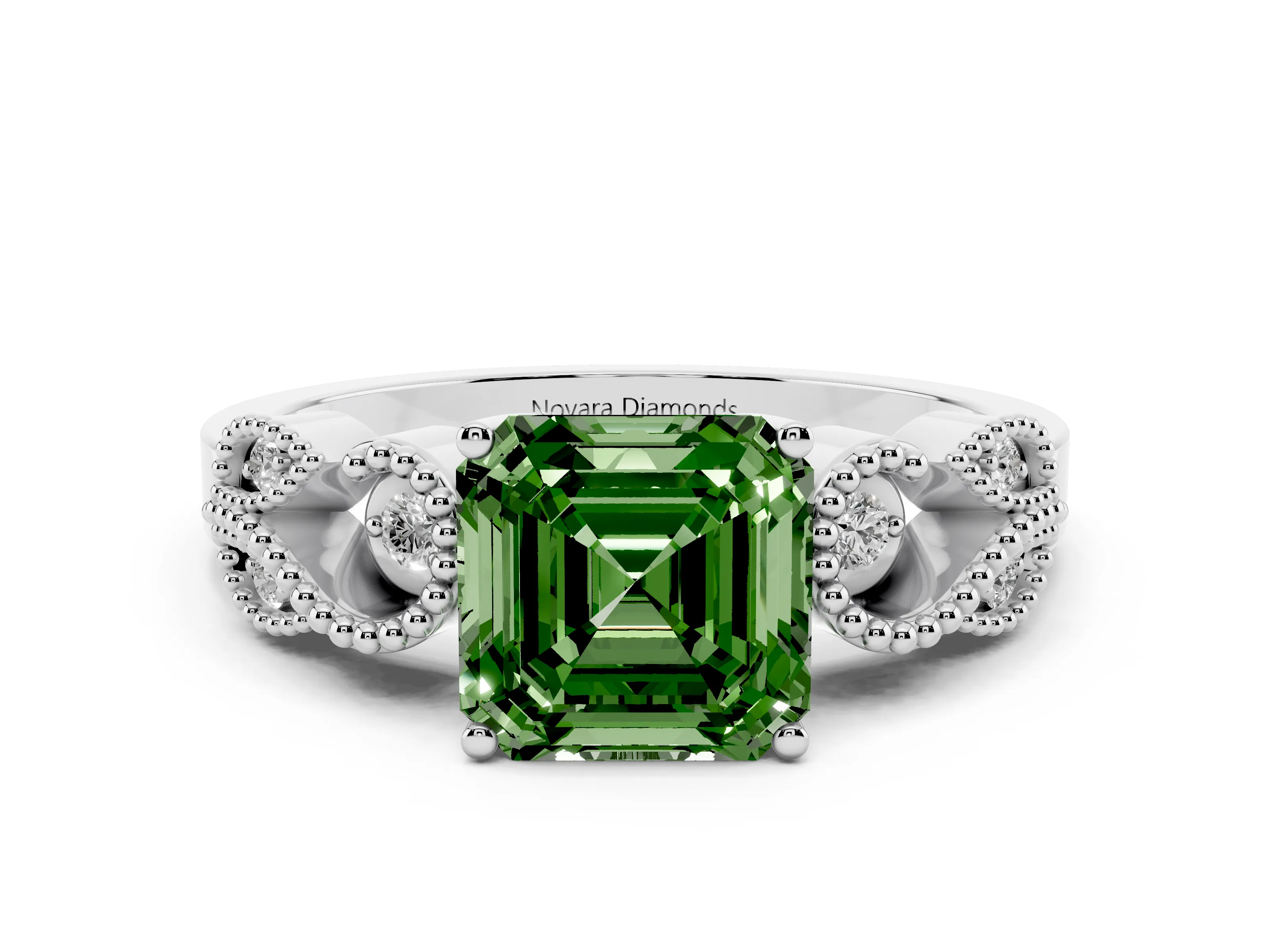 Fancy Green Asscher Cut Diamond Milgrain Leaf Band Solitaire Ring Set in White gold with Accent Stones and Prong Setting