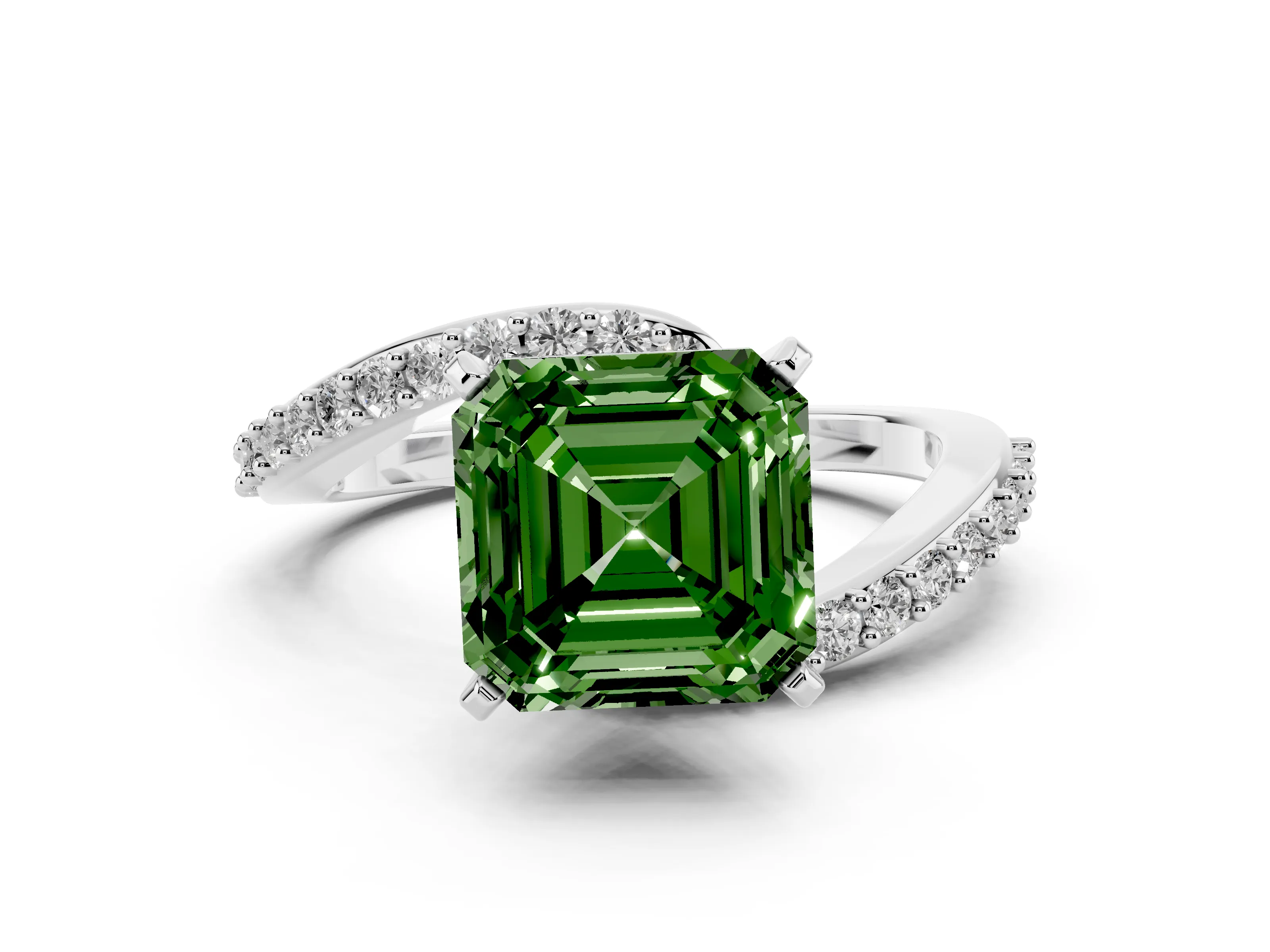 Fancy Green Asscher Cut Diamond Solitaire Ring Set in Platinum with Pavé Twist Band and Prong Setting