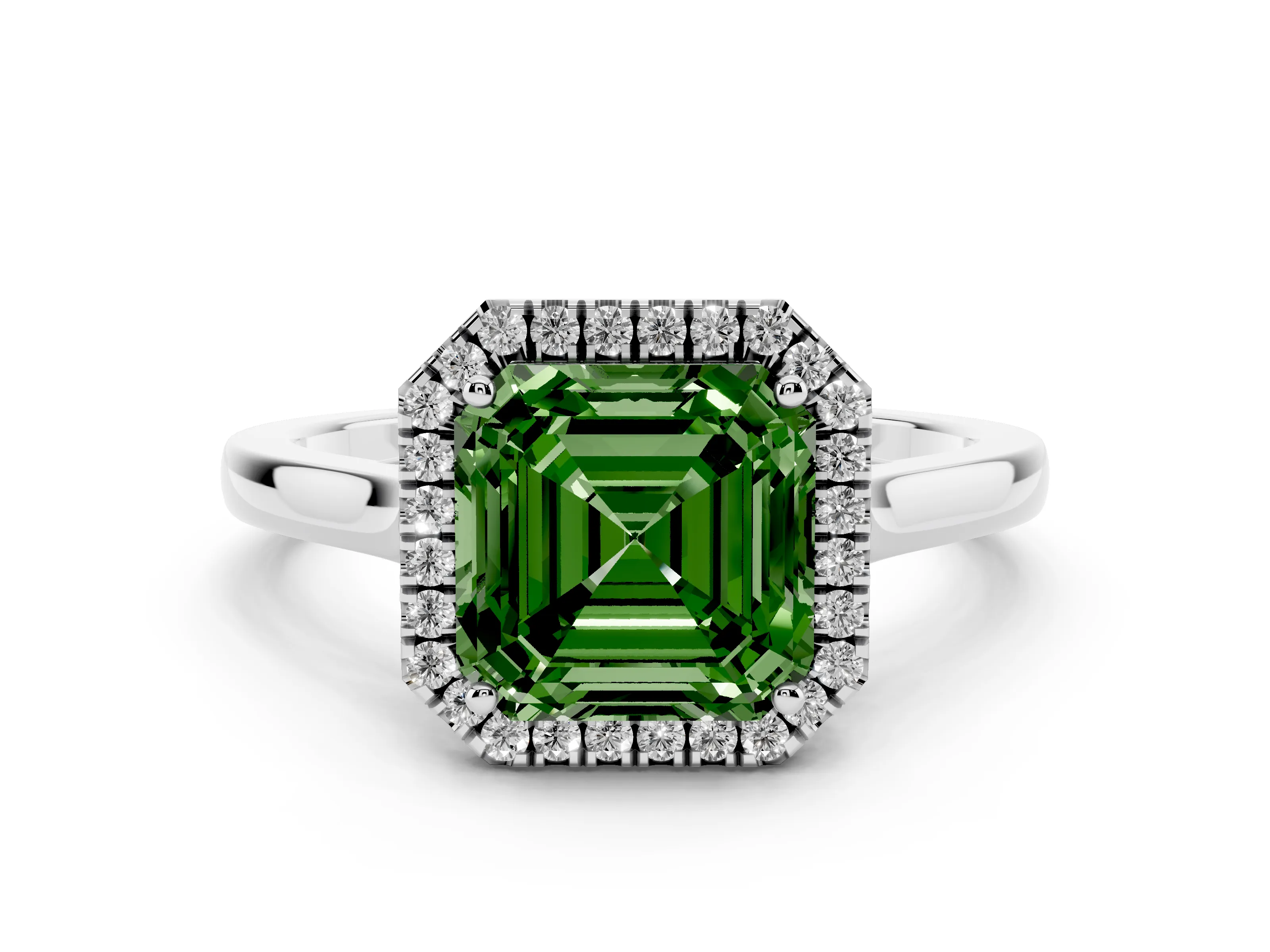 Fancy Green Asscher Cut Halo Round Diamond Solitaire Ring Set in White gold with Pavé Band and Prong Setting