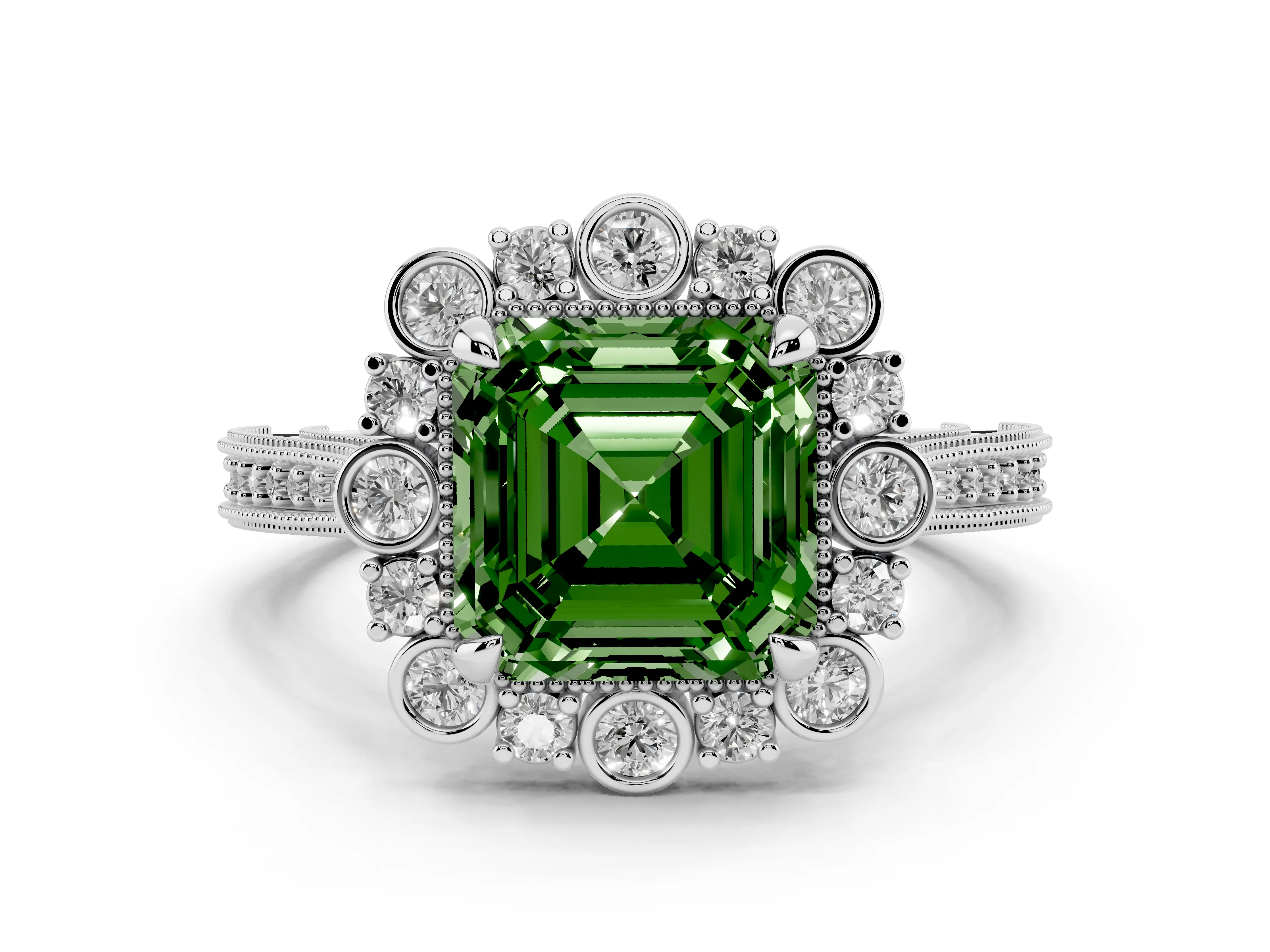 Fancy Green Asscher Cut Diamond Halo Milgrain Pavé Ring Set in Platinum with Prong Setting