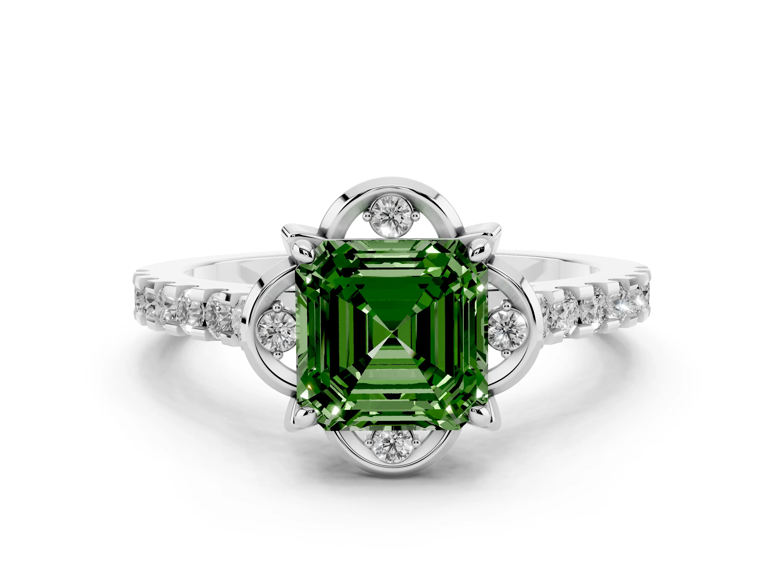 Fancy Green Asscher Cut Diamond Solitaire Ring Set in Platinum with Pavé Band and Floral Prong Setting