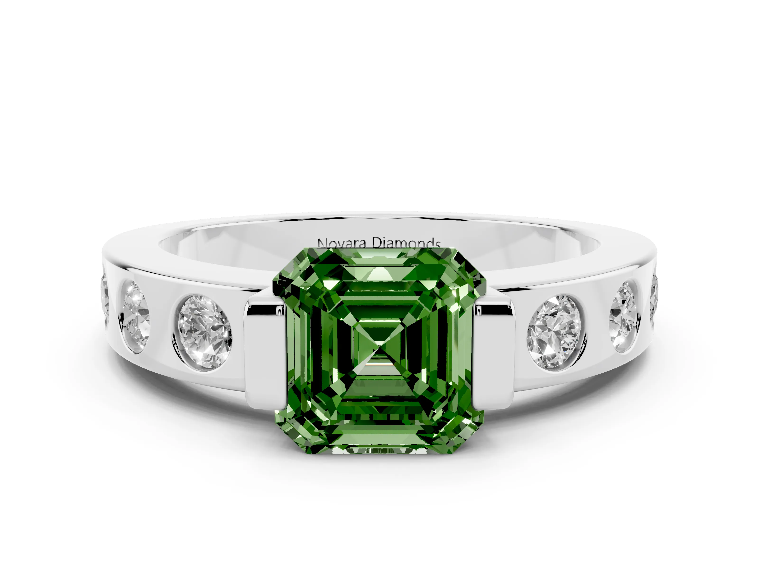 Fancy Green Asscher Cut Diamond Channel-Set Band Ring Set in Silver with Bezel Prong Setting