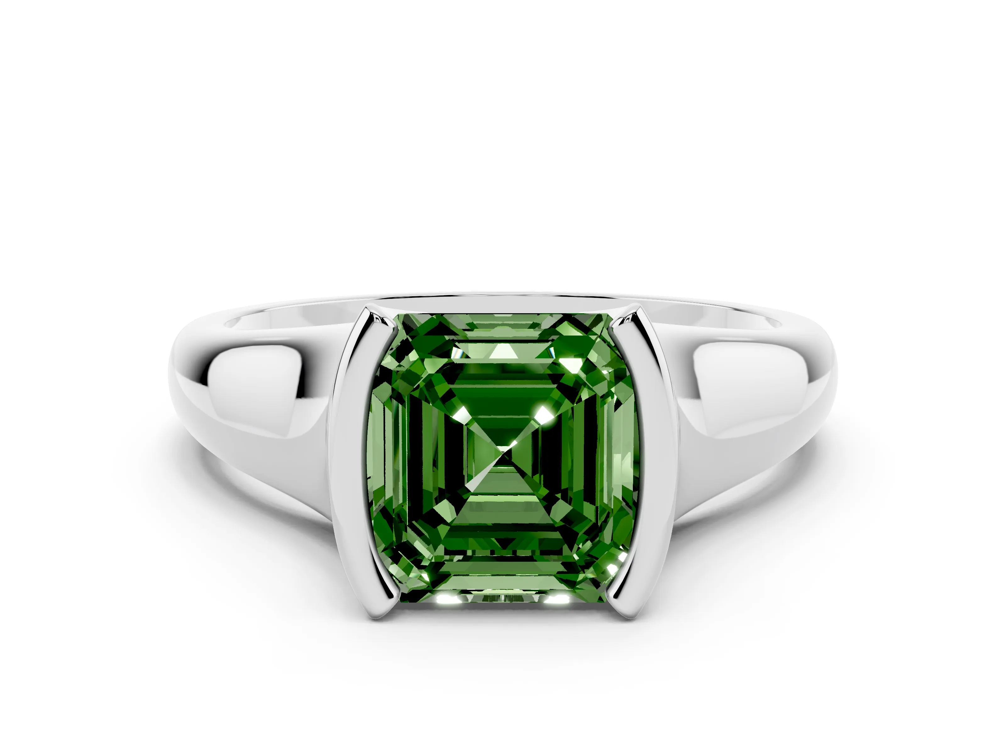 Fancy Green Asscher Cut Diamond Solitaire Tension Set Ring Set in White gold with Split Shank Band