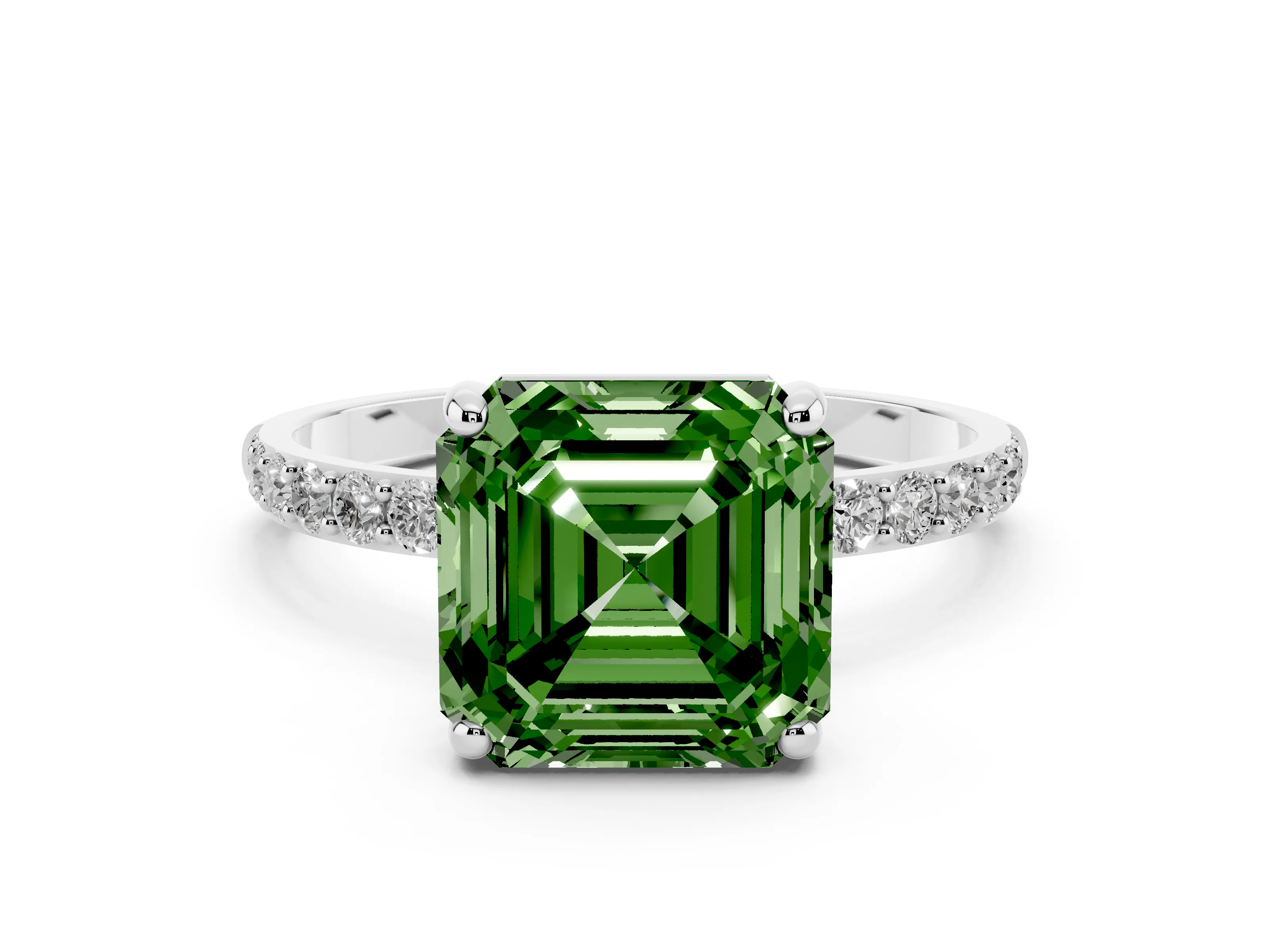 Fancy Green Asscher Cut Diamond Solitaire Ring Set in Platinum with Round Pavé Band and Prong Setting