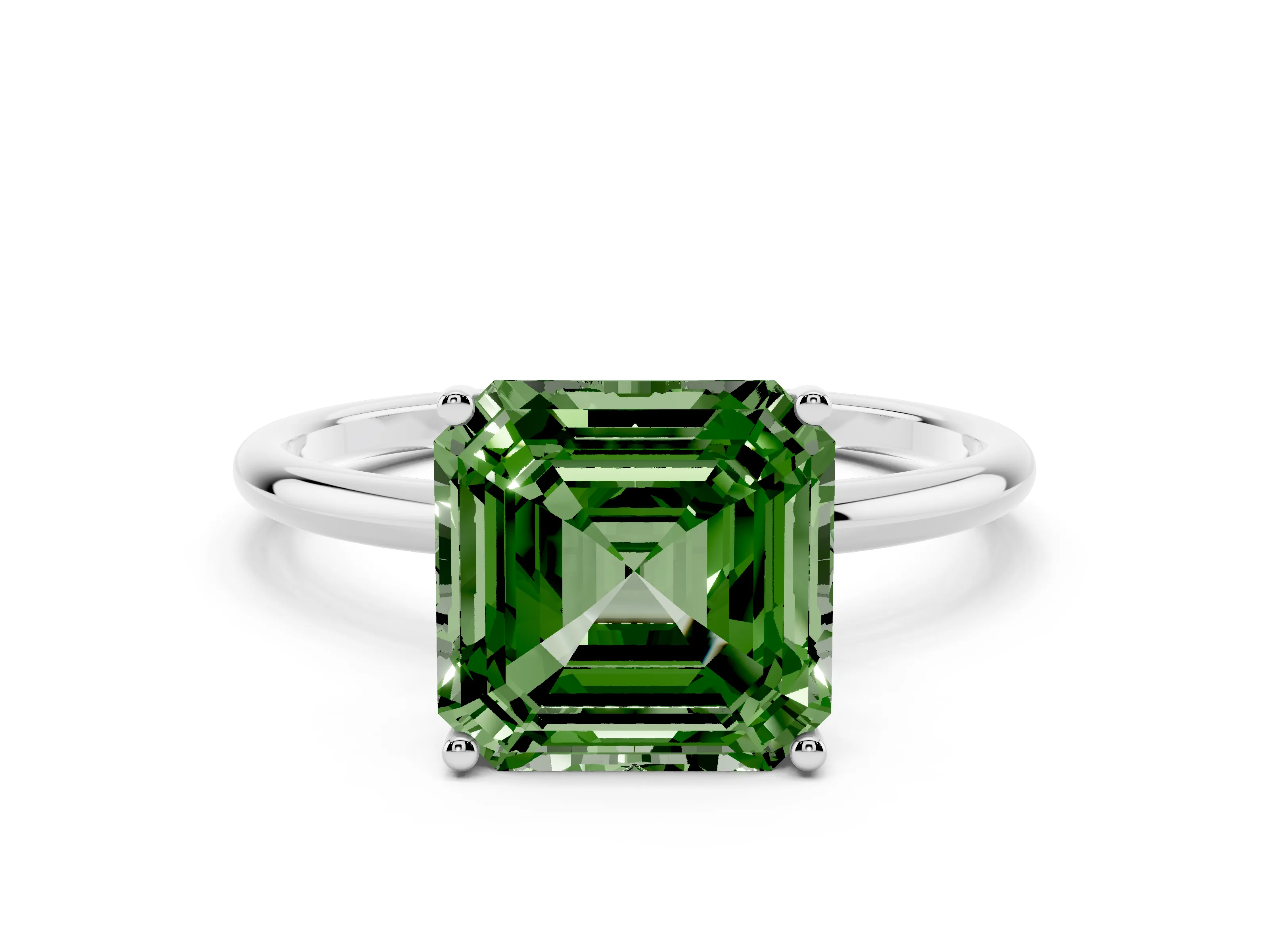 Fancy Green Asscher Cut Diamond Solitaire Engagement Ring Set in Platinum with Thin Band and Prong Setting