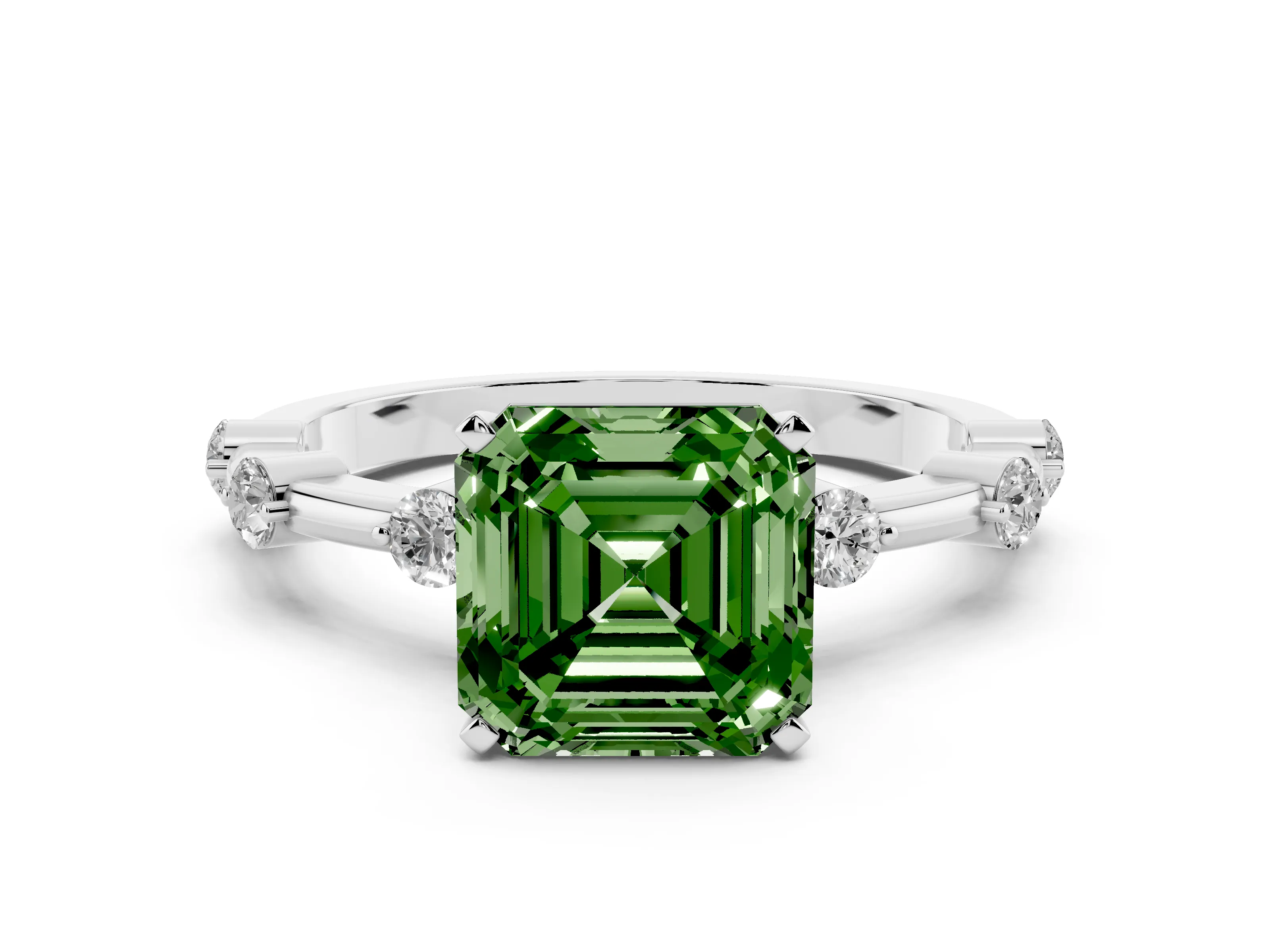 Fancy Green Asscher Cut Diamond Solitaire Ring Set in Platinum with Bezel Set Side Stones and Prong Setting
