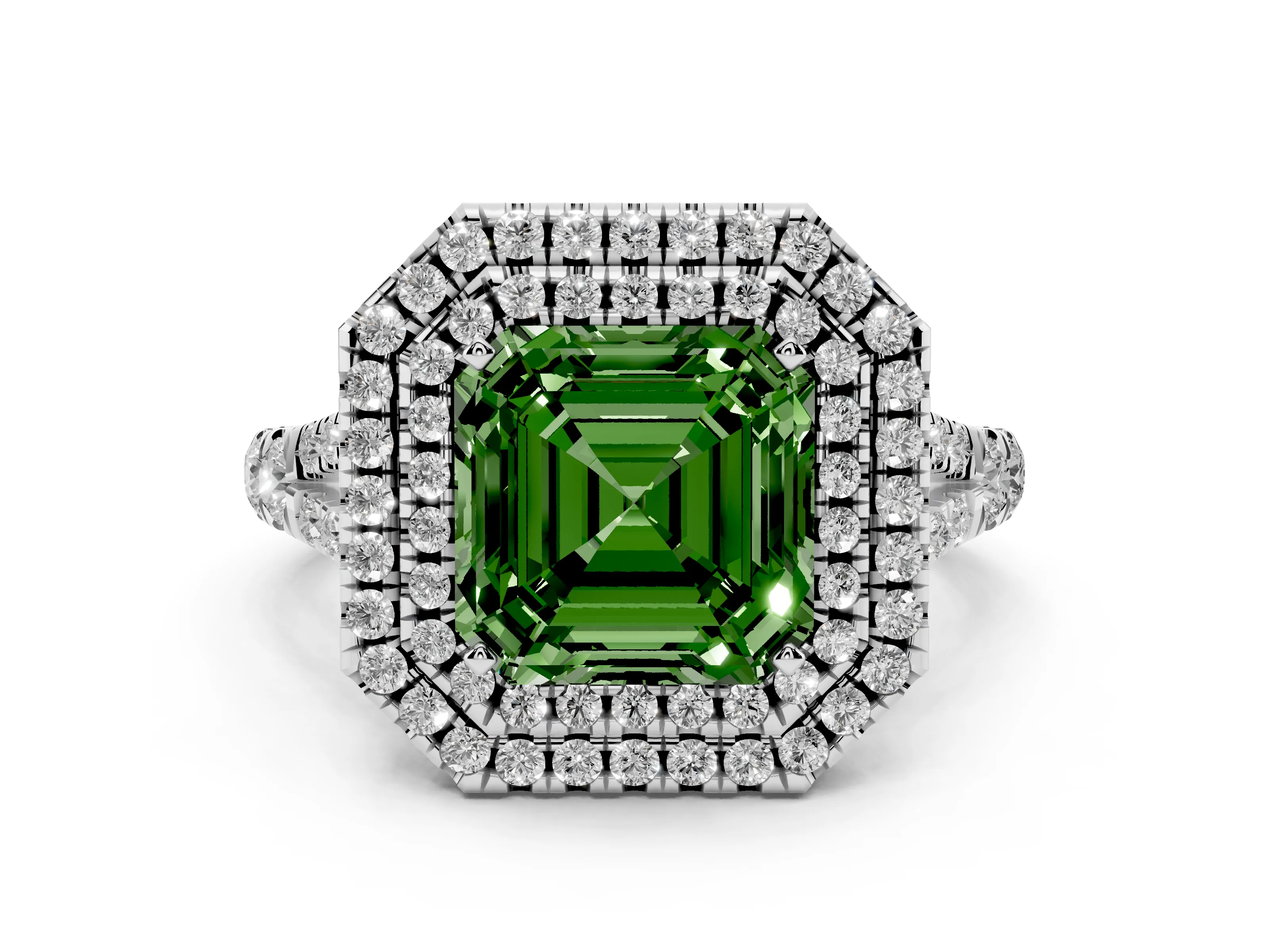 Fancy Green Asscher Cut Diamond Pavé Split Shank Double Halo Engagement Ring Set in Platinum