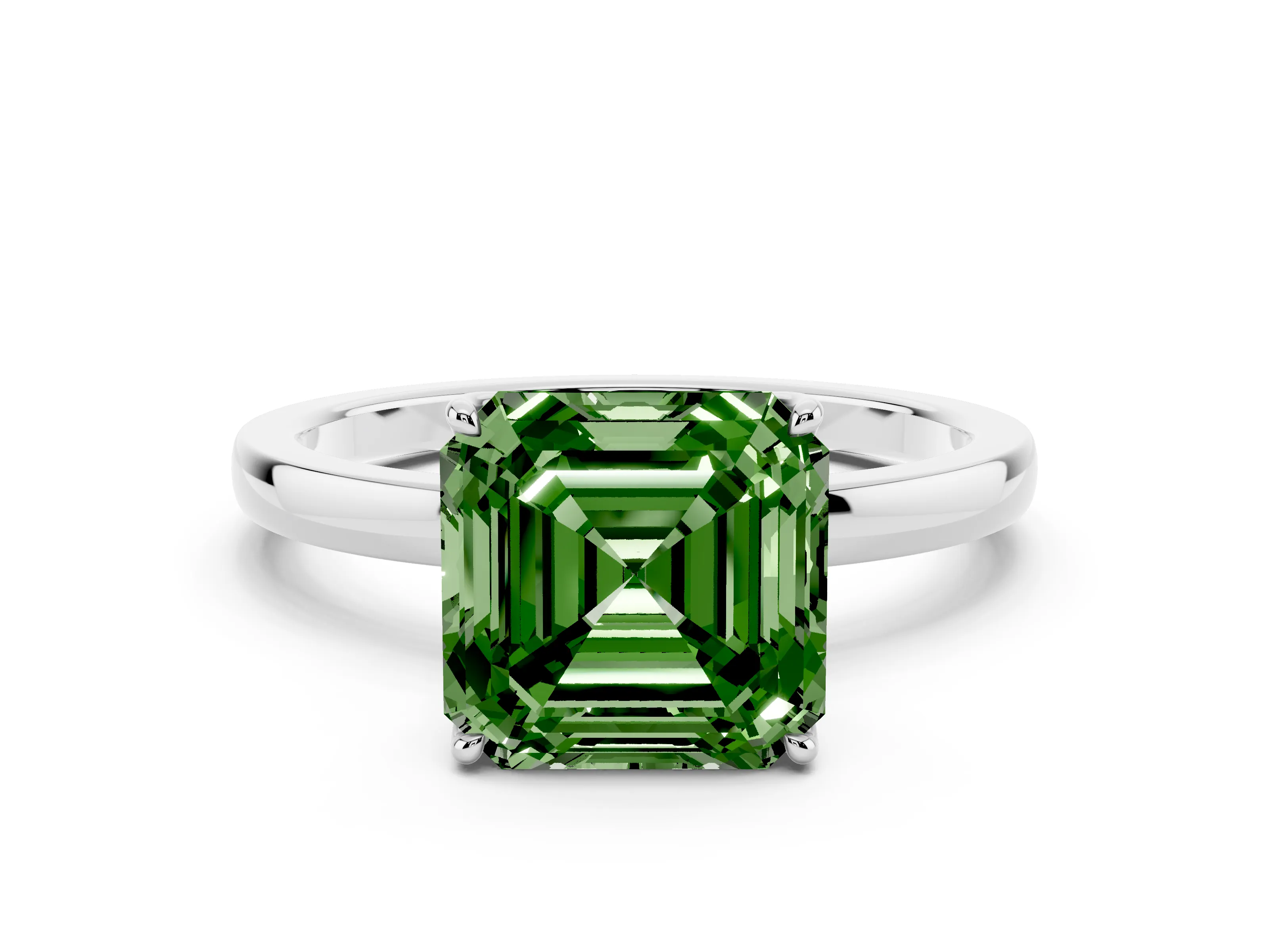 Fancy Green Asscher Cut Diamond Solitaire Ring Set in Platinum with Prong Setting and Thin Polished Band
