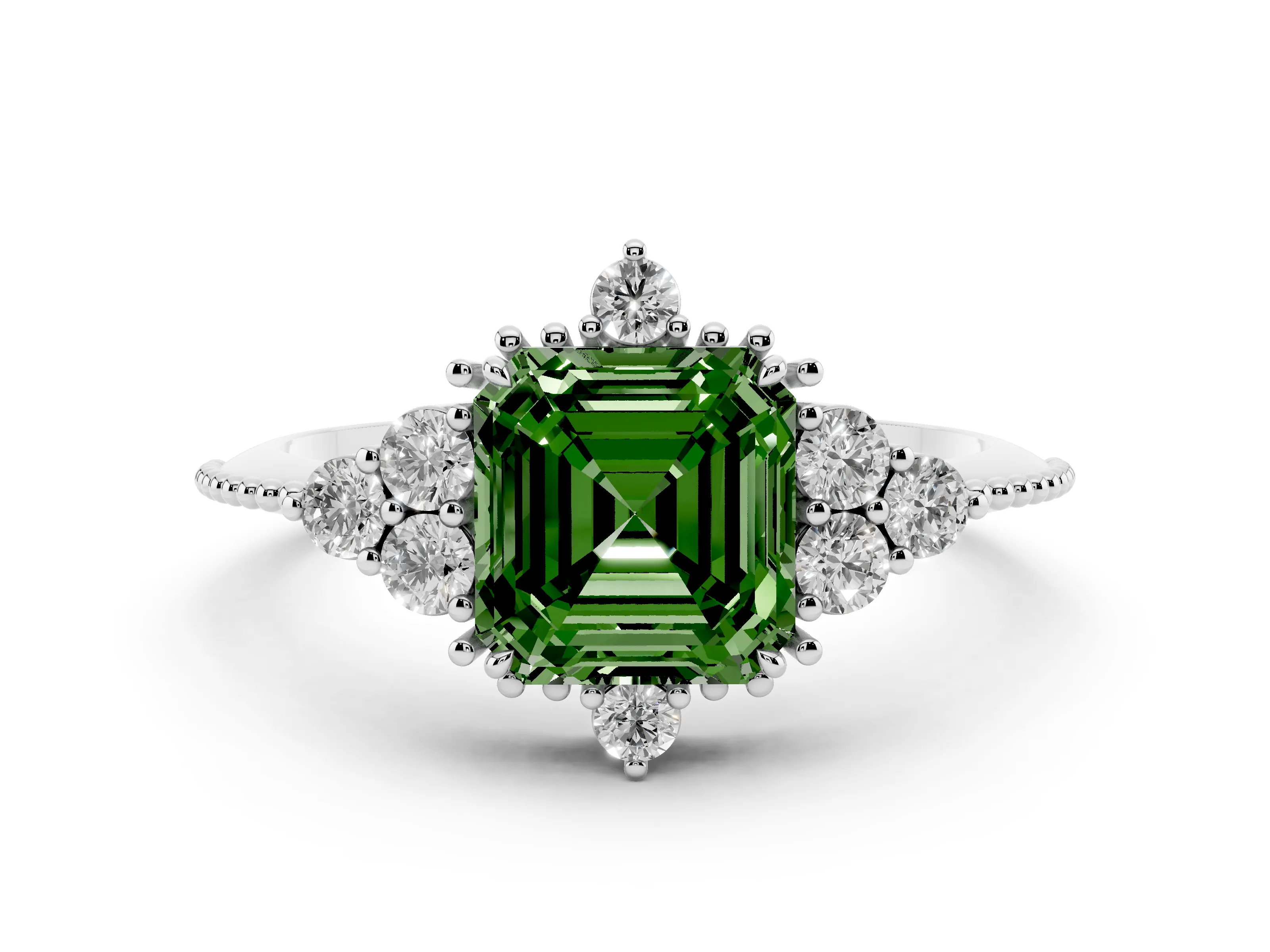 Fancy Green Asscher Cut Diamond Cluster Ring Set in Silver with Beaded Band