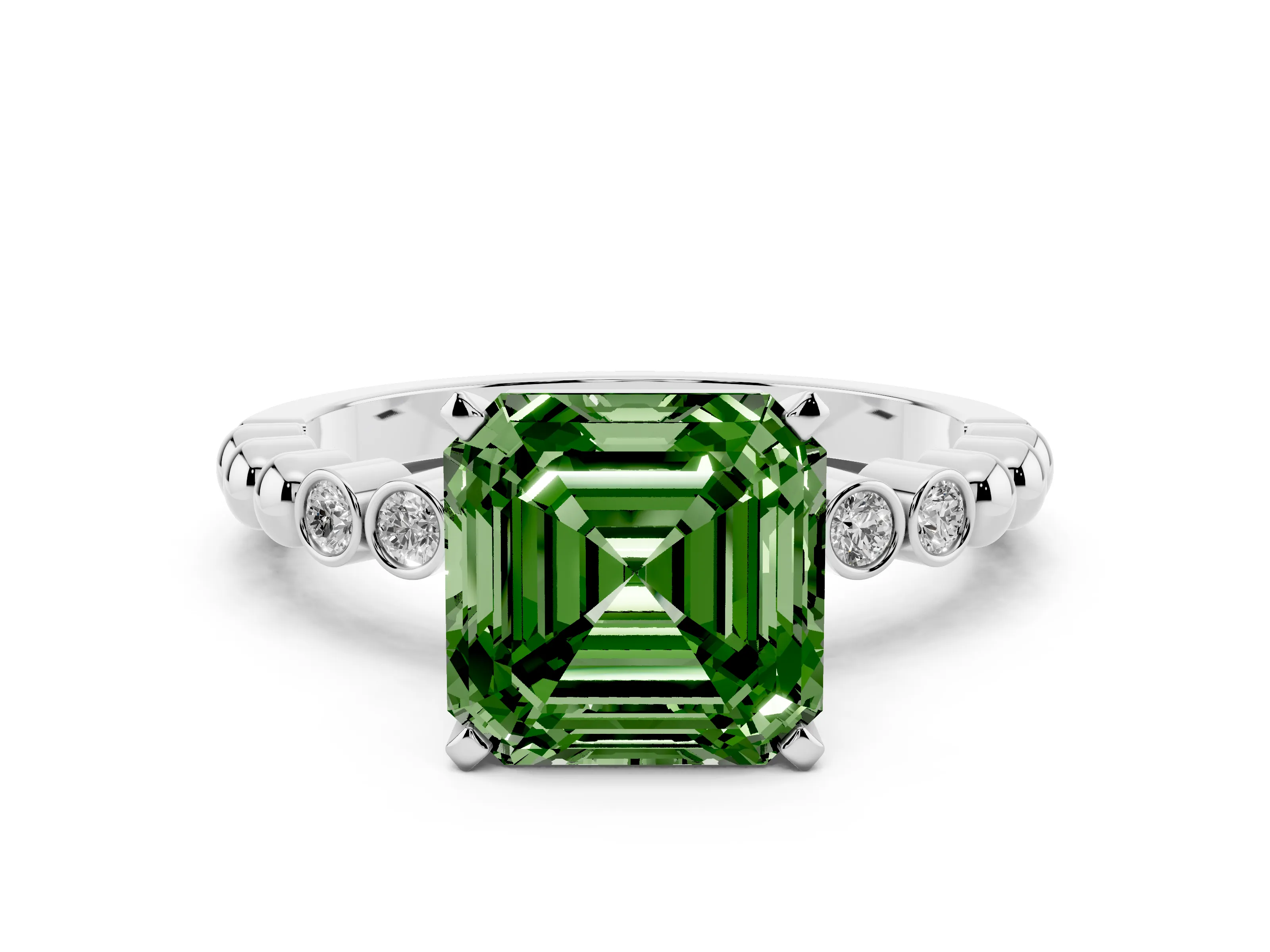 Fancy Green Asscher Cut Diamond Solitaire Engagement Ring Set in White gold with Bezel Accents on Beaded Band
