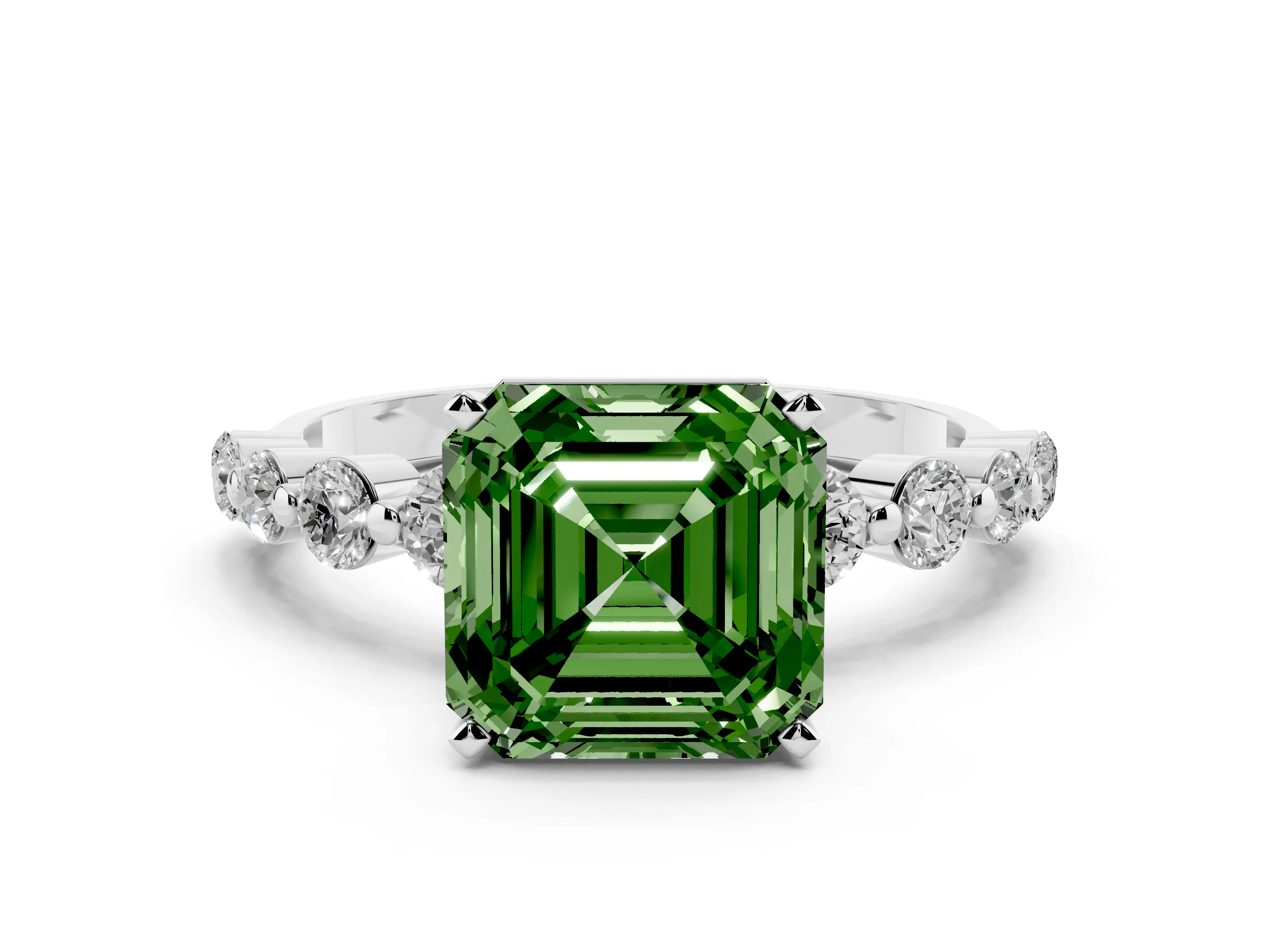 Fancy Green Asscher Cut Diamond Solitaire Ring Set in Platinum with Pavé Band and Prong Setting