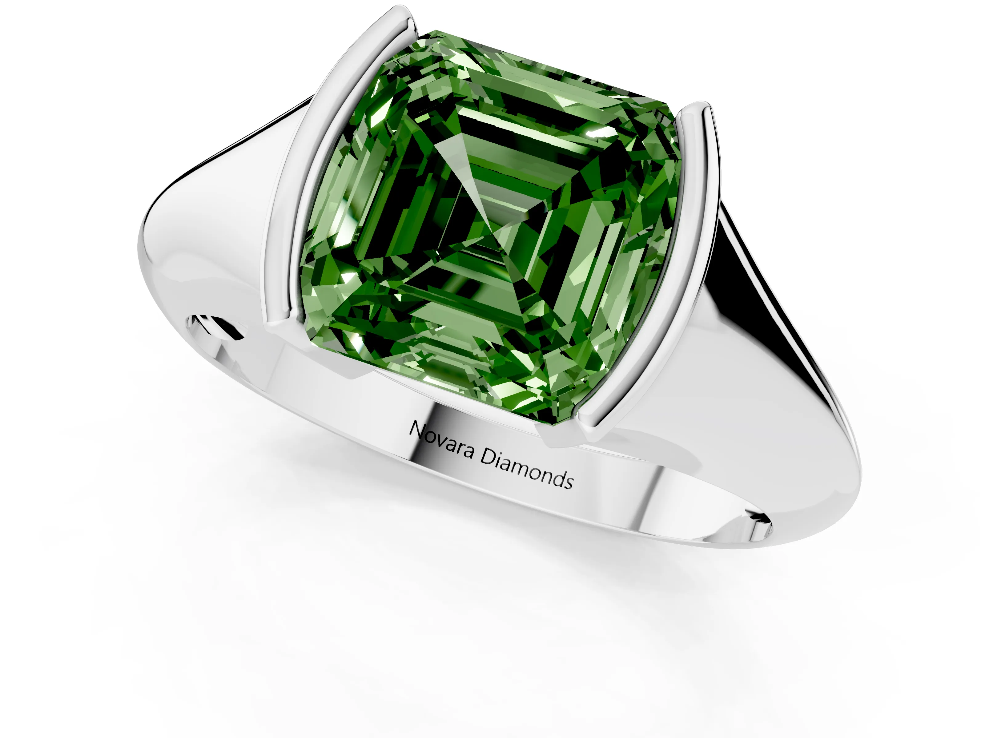 Fancy Green Asscher Cut Diamond Solitaire Tension Set Ring Set in White gold