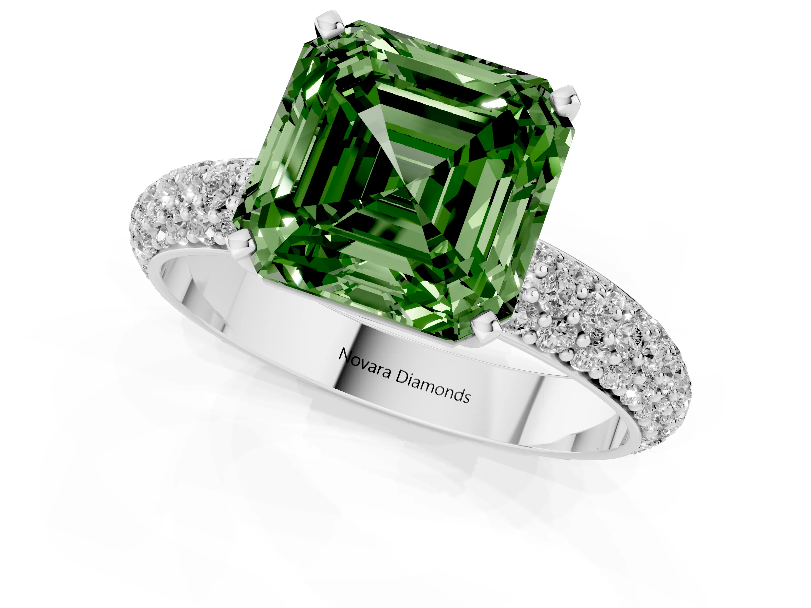 Fancy Green Asscher Cut Diamond Solitaire Ring Set in Silver with Prong Setting and Pavé-Set Band
