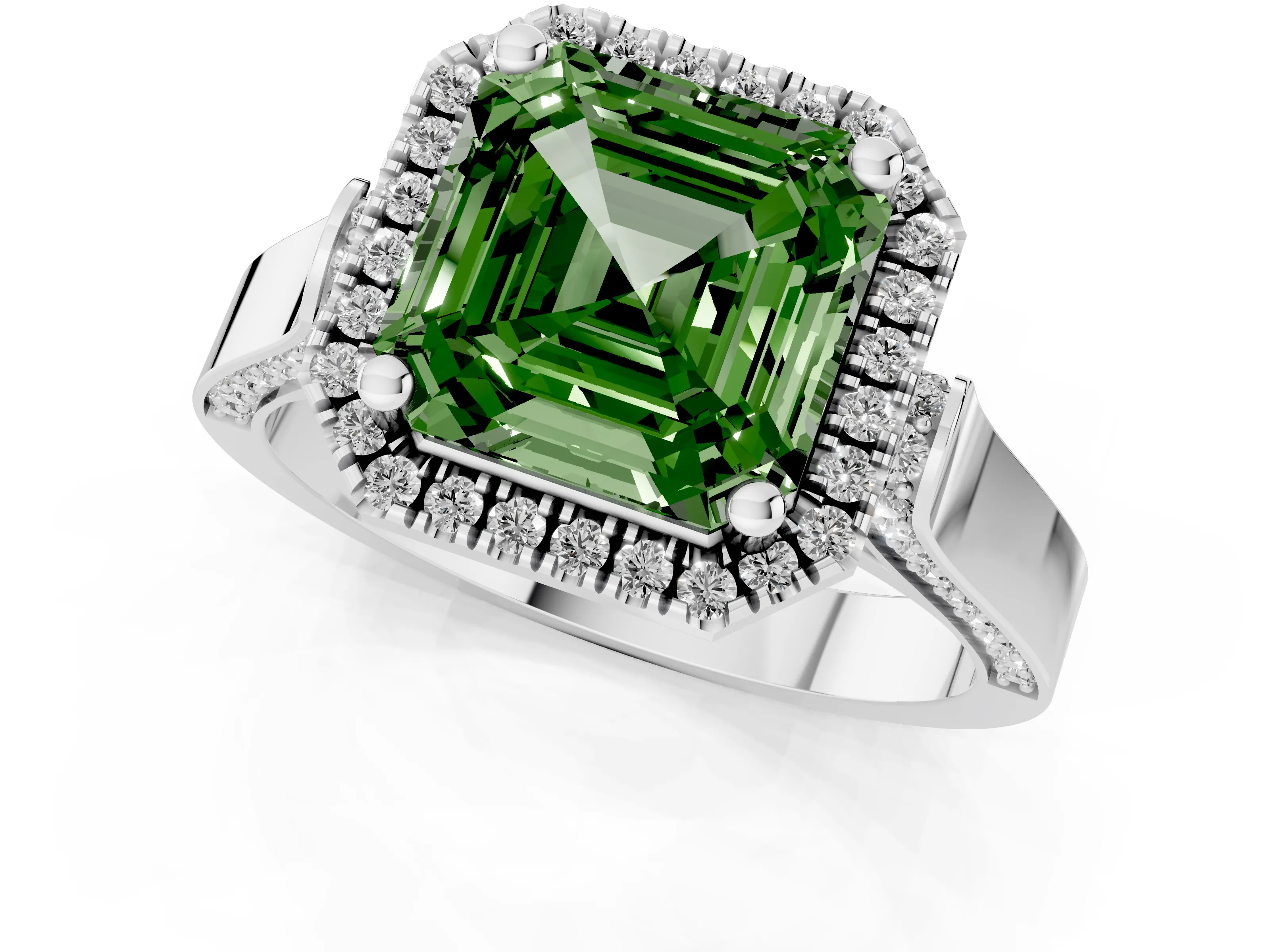 Fancy Green Asscher Cut Diamond Halo Ring Set in Platinum with Pavé-Lined Split Shank Band