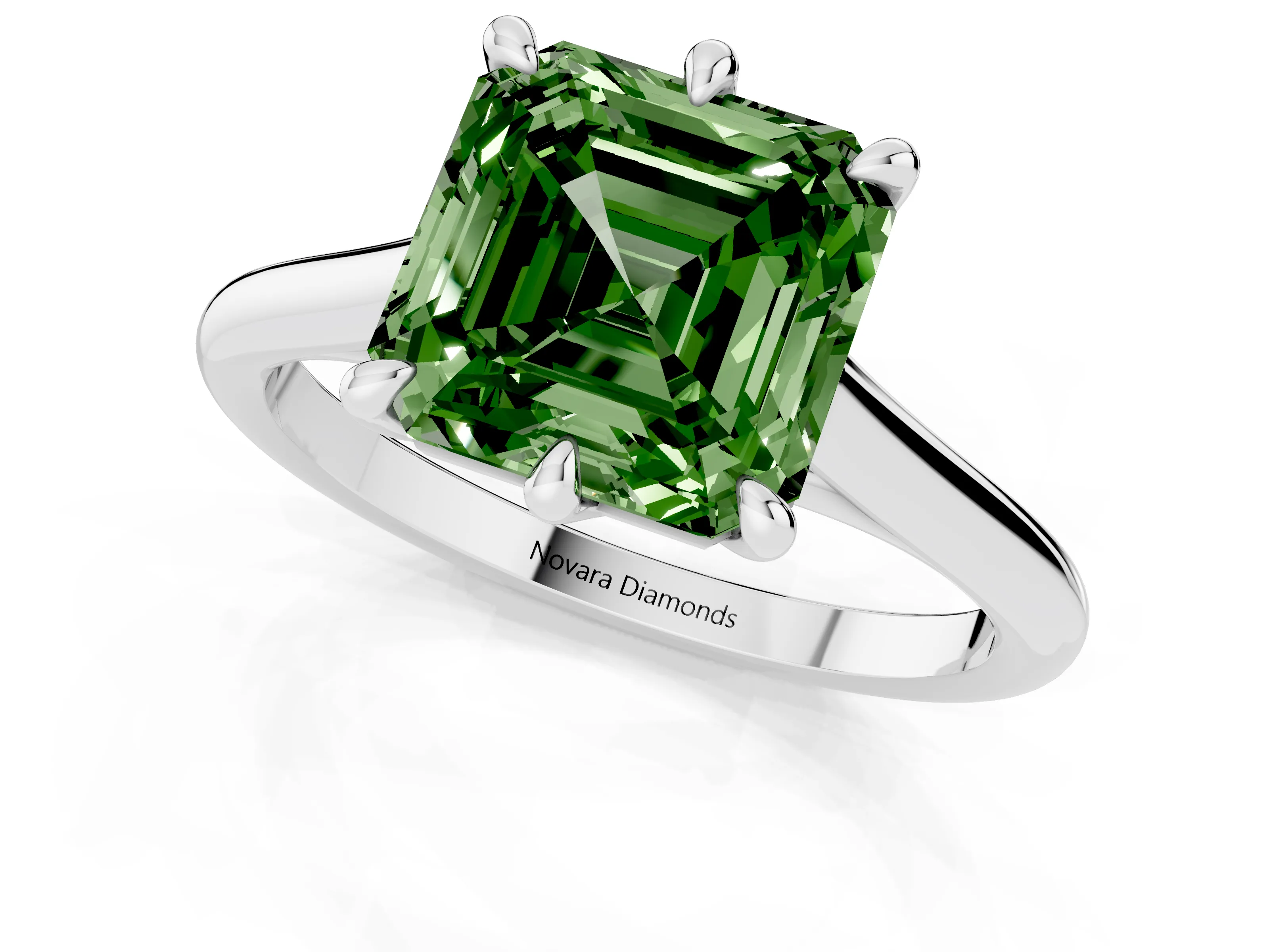 Fancy Green Asscher Cut Diamond Solitaire Engagement Ring Set in Platinum with Prong Setting and Plain Classic Band