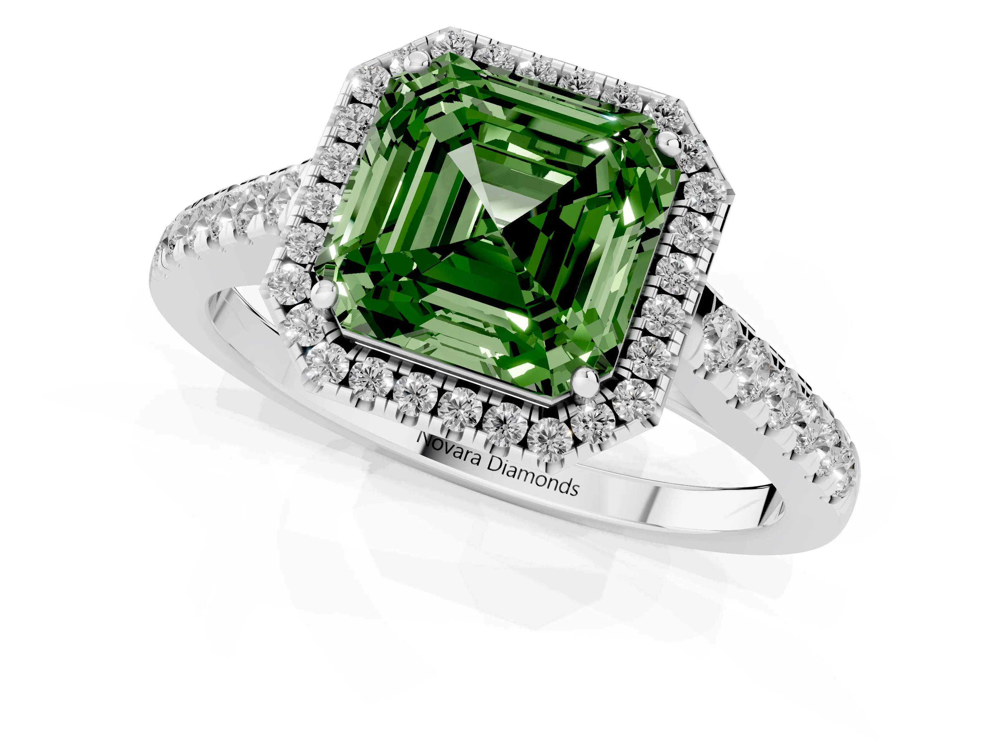 Fancy Green Asscher Cut Diamond Halo Pavé Engagement Ring Set in White gold with Prong Setting