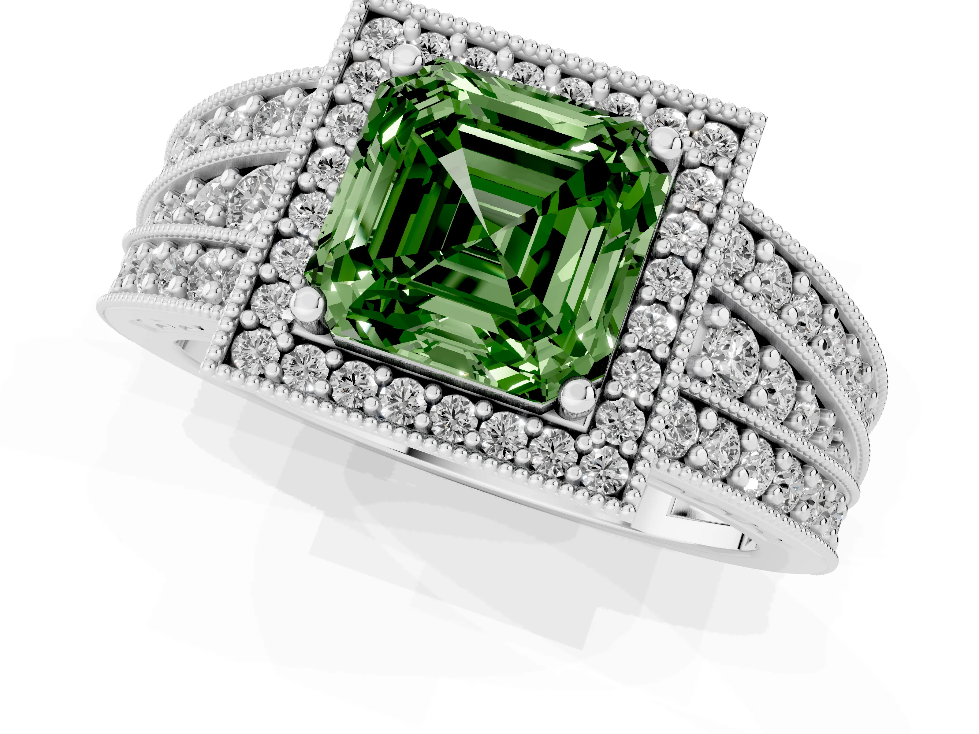 Fancy Green Asscher Cut Diamond Halo Ring Set in Silver with Accent Split Shank and Prong Setting