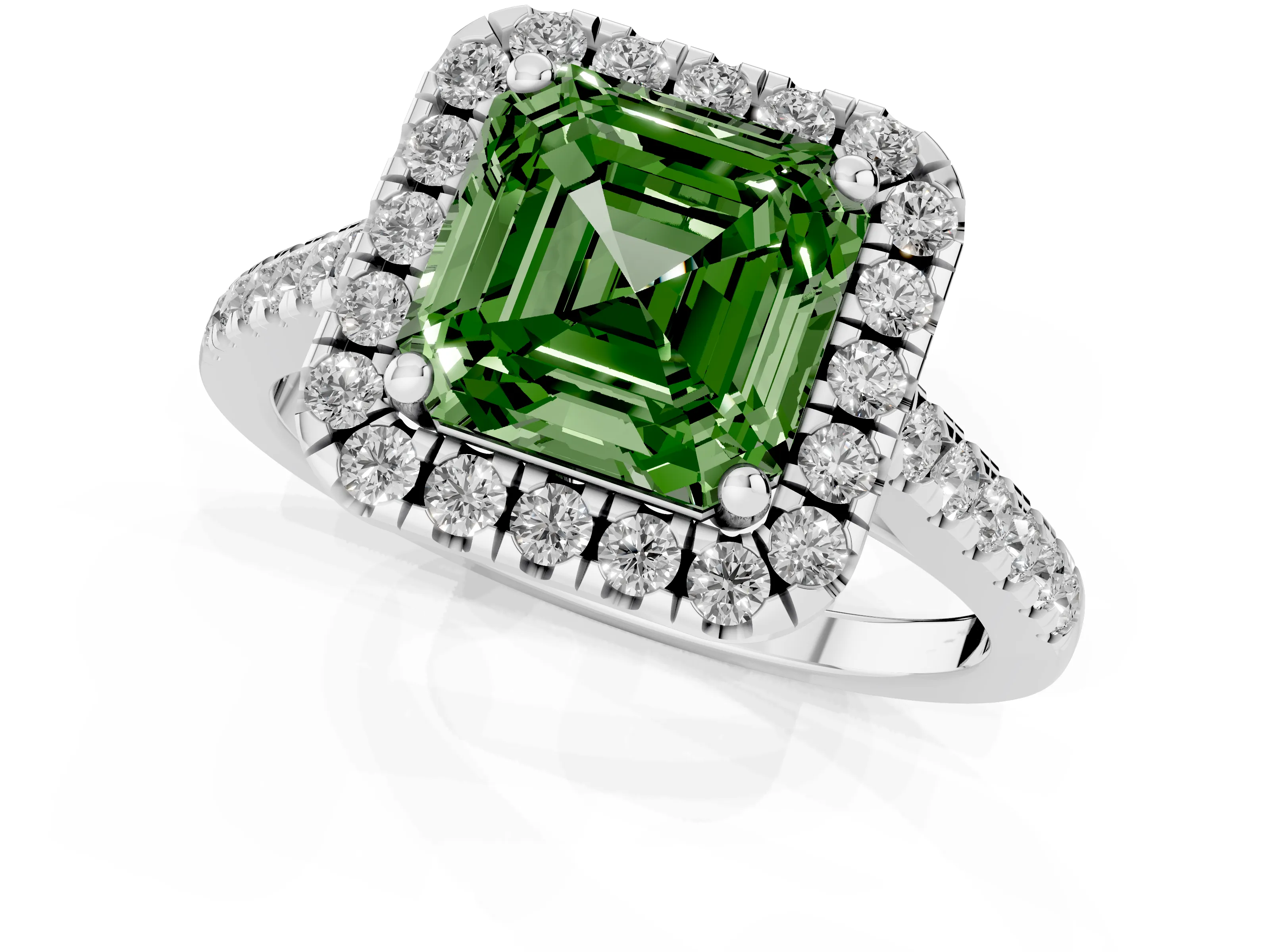 Fancy Green Asscher Cut Diamond Pavé Halo Engagement Ring Set in White gold with Pavé Band and Prong Setting