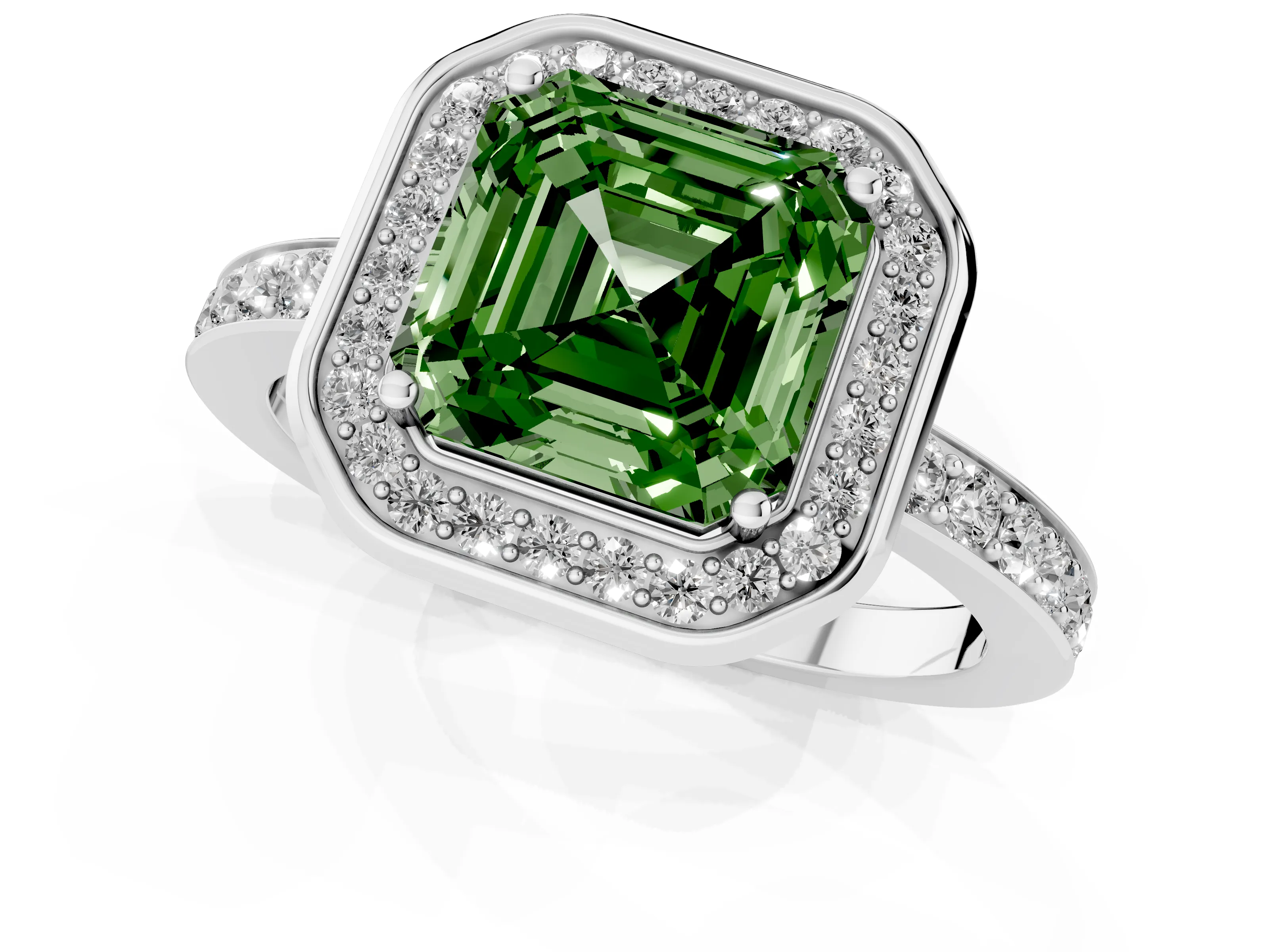 Fancy Green Asscher Cut Diamond Halo Ring Set in Platinum with Bezel Frame and Pavé Band