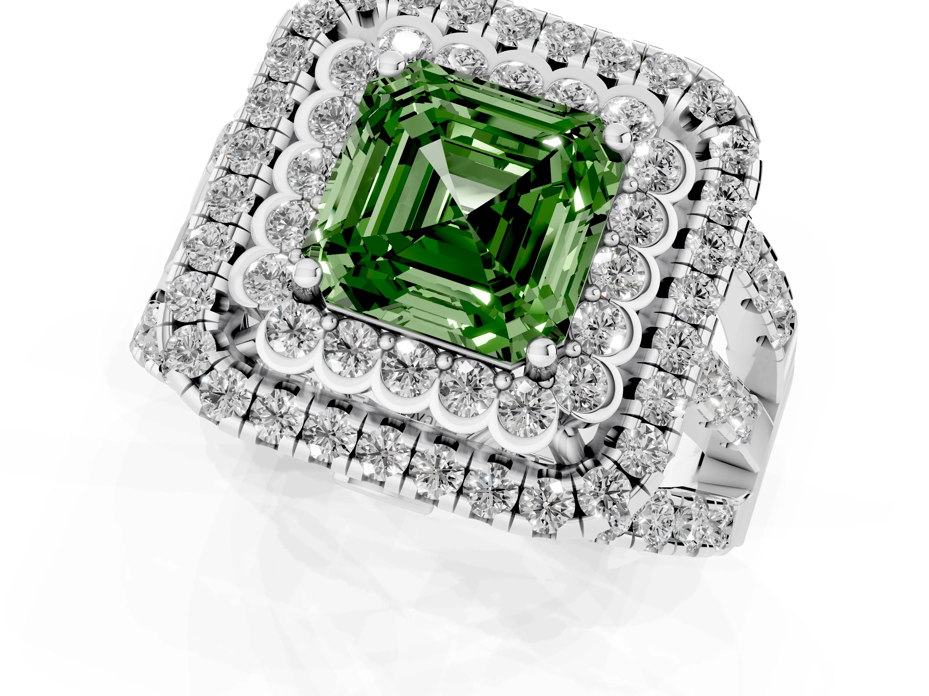 Fancy Green Asscher Cut Diamond Double Halo Ring Set in White gold with Round Pavé Split Shank