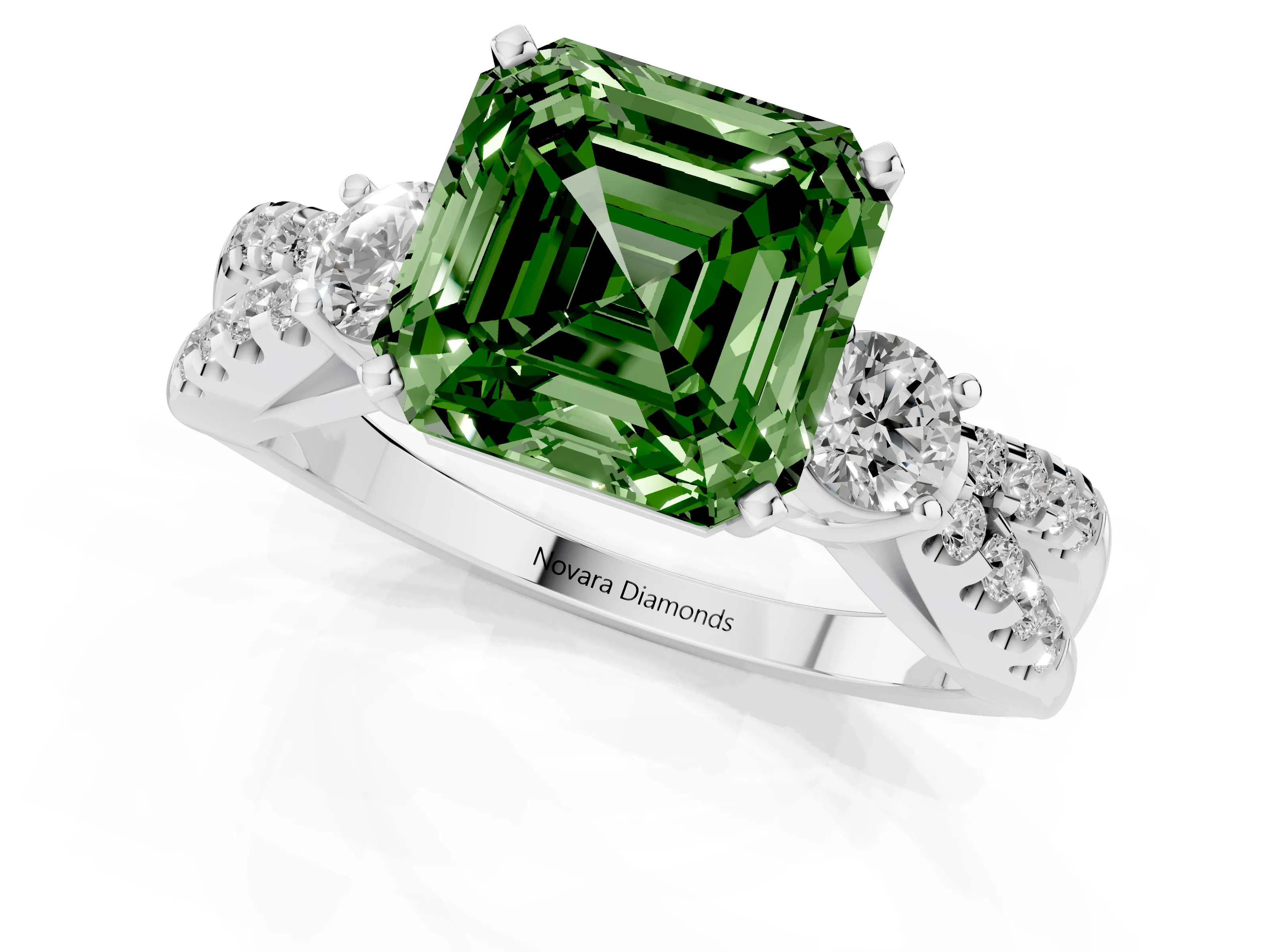 Fancy Green Asscher Cut Diamond Three-Stone Ring Set in Platinum with Pavé Split Shank and Prong Setting