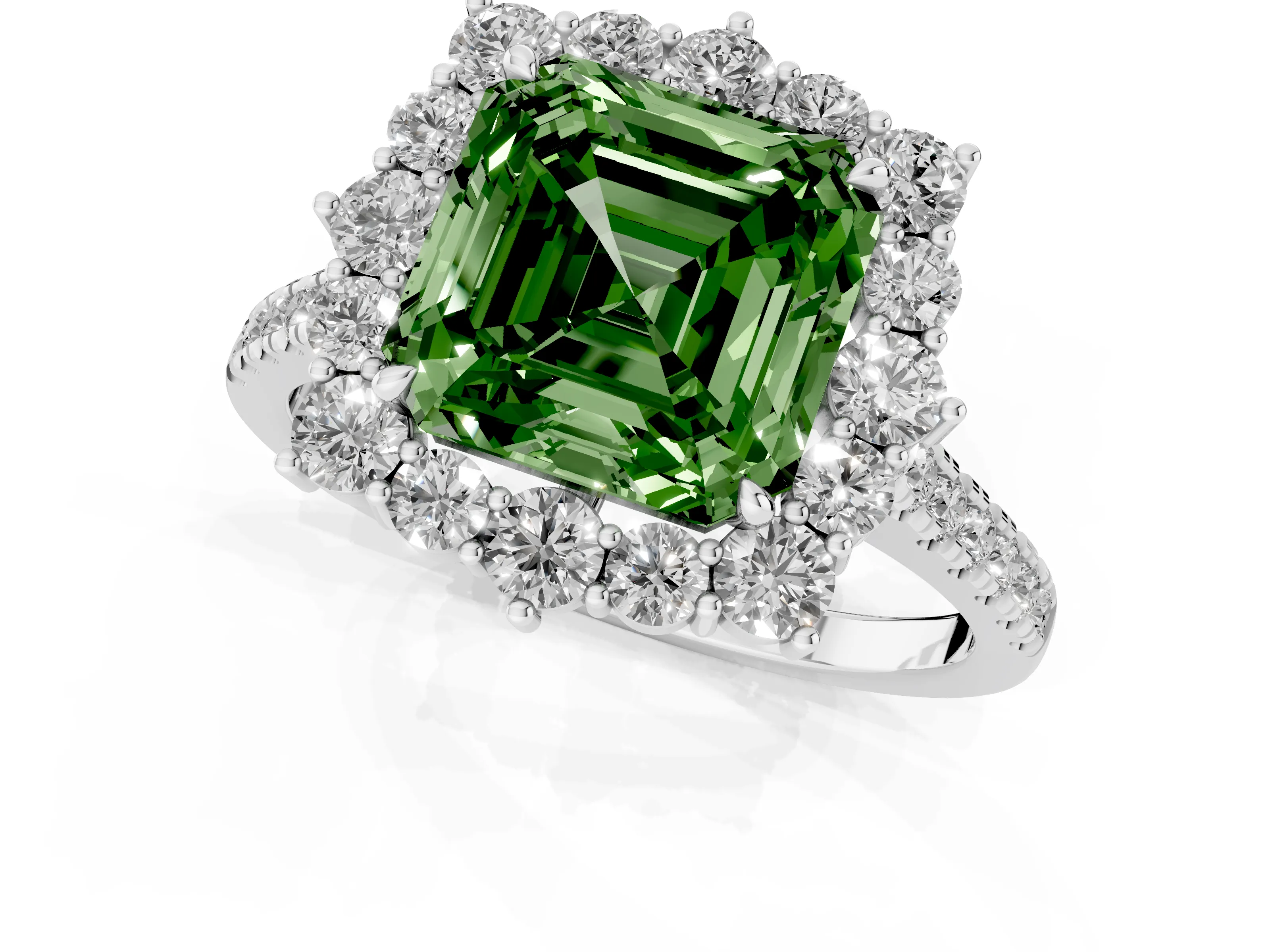 Fancy Green Asscher Cut Diamond Halo Ring Set in Silver with Pavé Band and Prong Setting