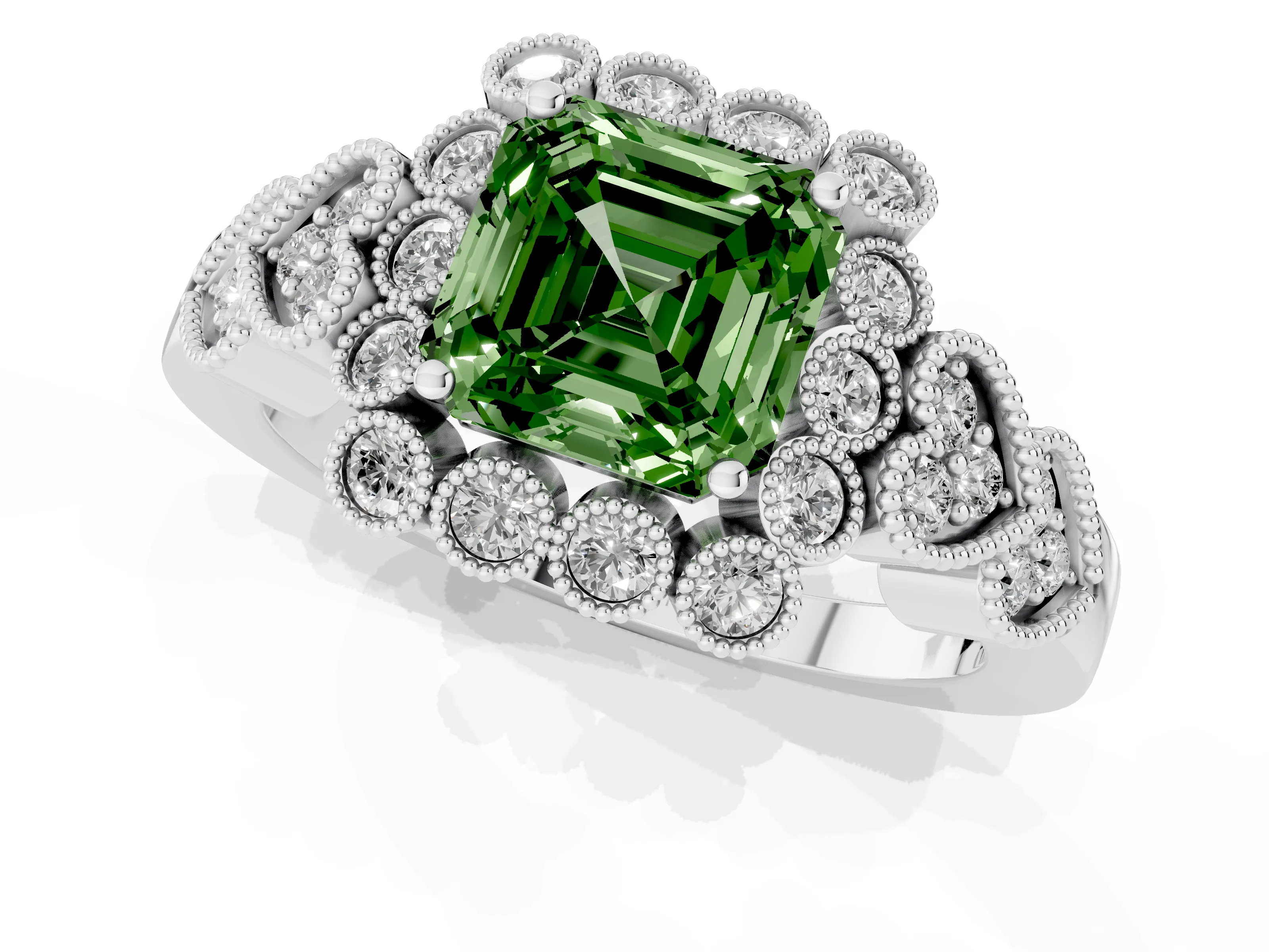 Fancy Green Asscher Cut Diamond Solitaire Ring Set in White gold with Milgrain Pavé Heart Band – second view