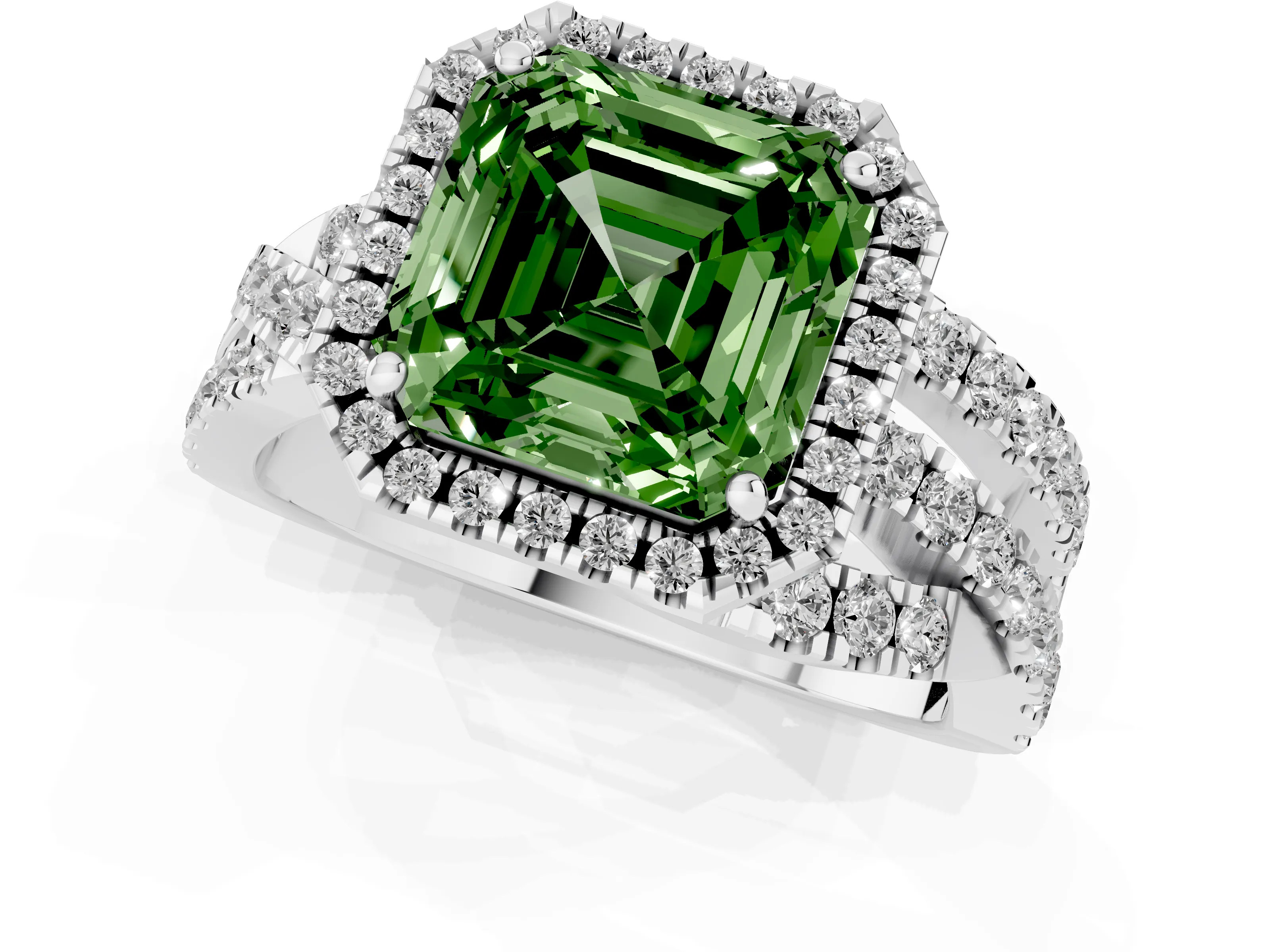 Fancy Green Asscher Cut Diamond Halo Ring Set in White gold with Round Crossover Split Shank and Prong Setting