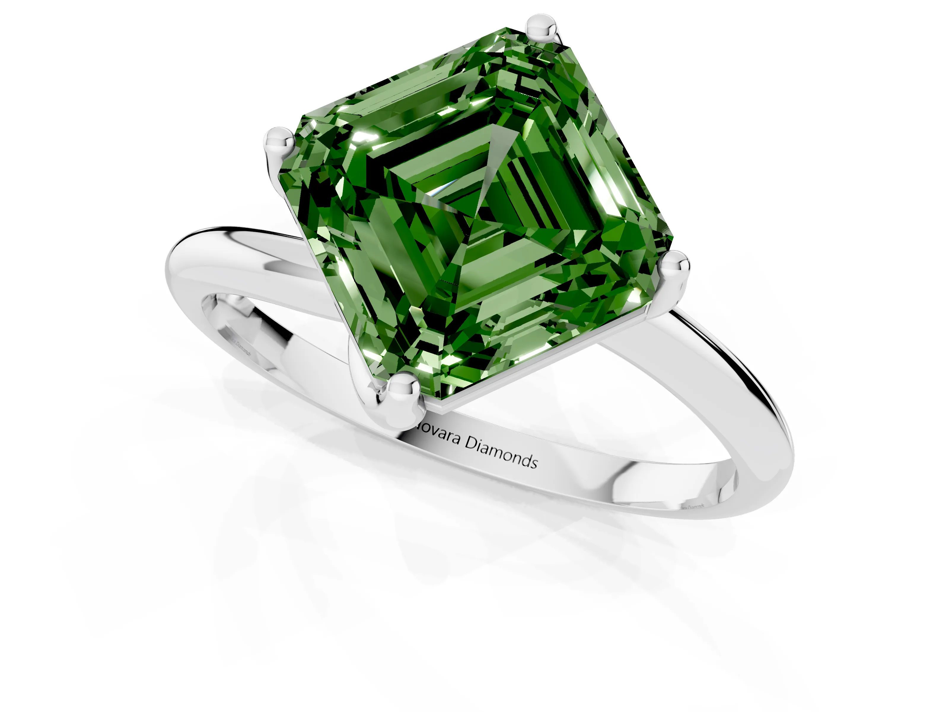 Fancy Green Asscher Cut Diamond Solitaire Engagement Ring Set in White gold with Classic Plain Band