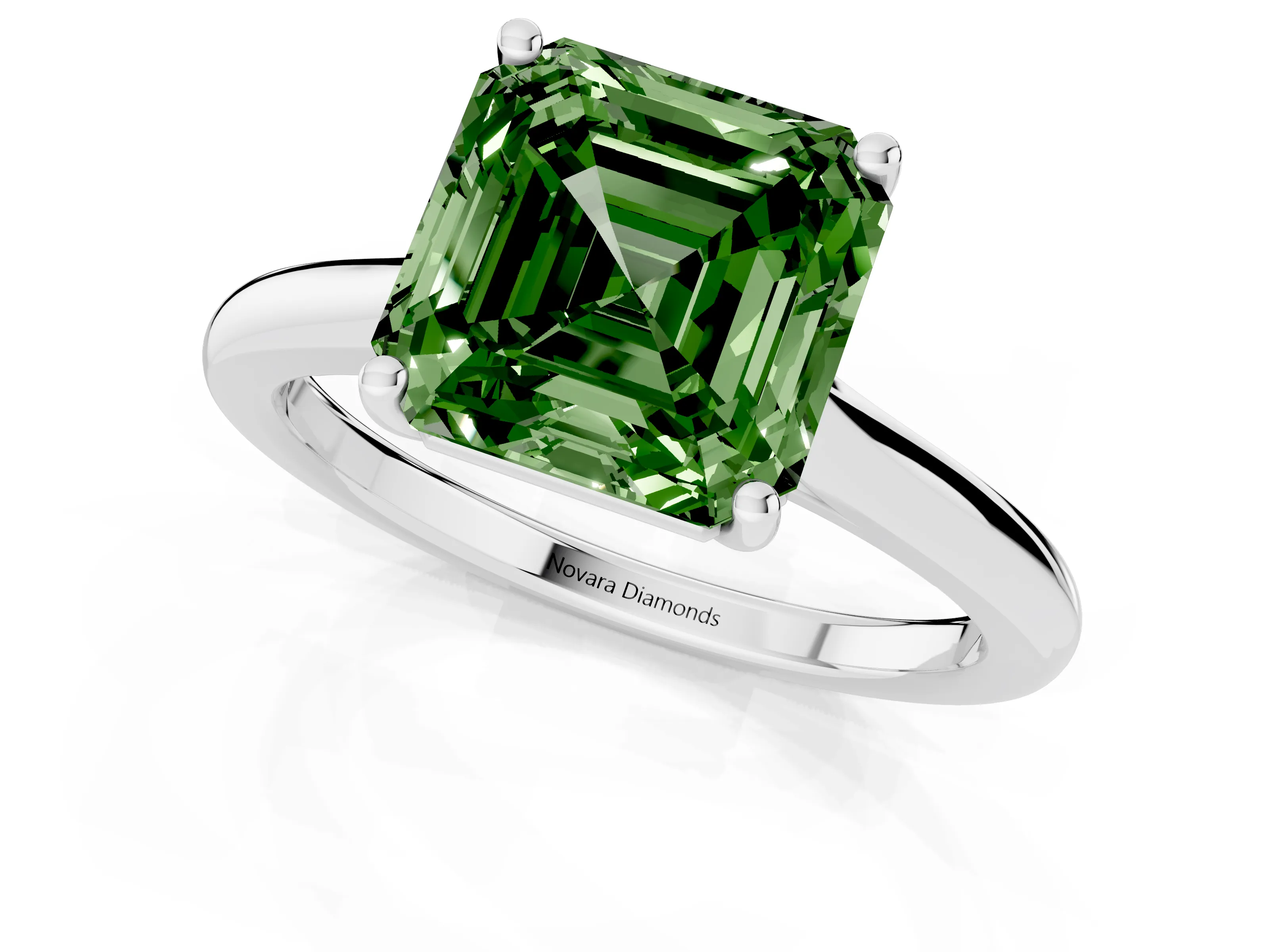 Fancy Green Asscher Cut Diamond Solitaire Ring Set in Silver with Cathedral Band and Prong Setting