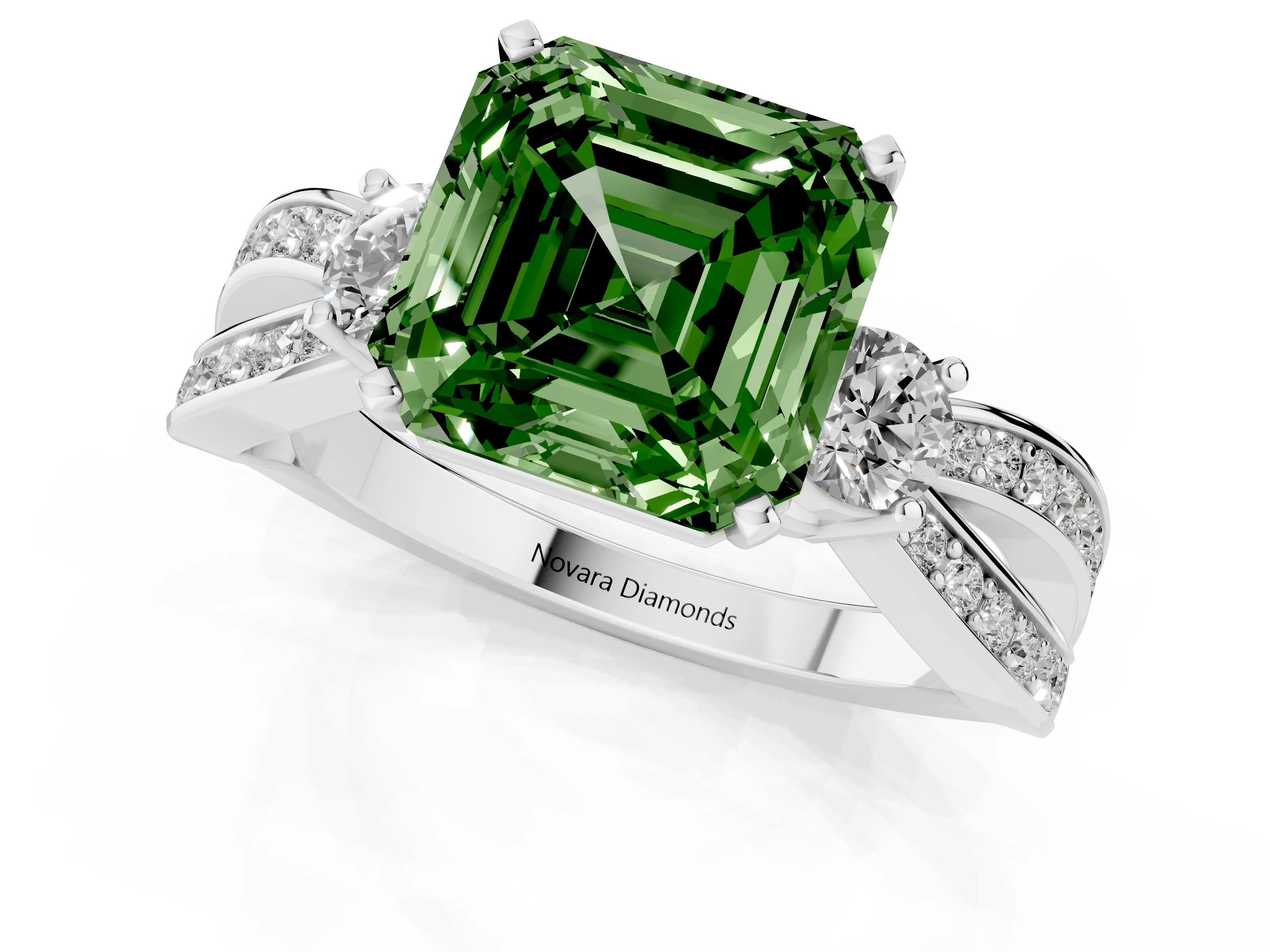 Fancy Green Three-Stone Asscher Cut Diamond Twist Band Ring Set in White gold with Pavé Accents and Prong Setting