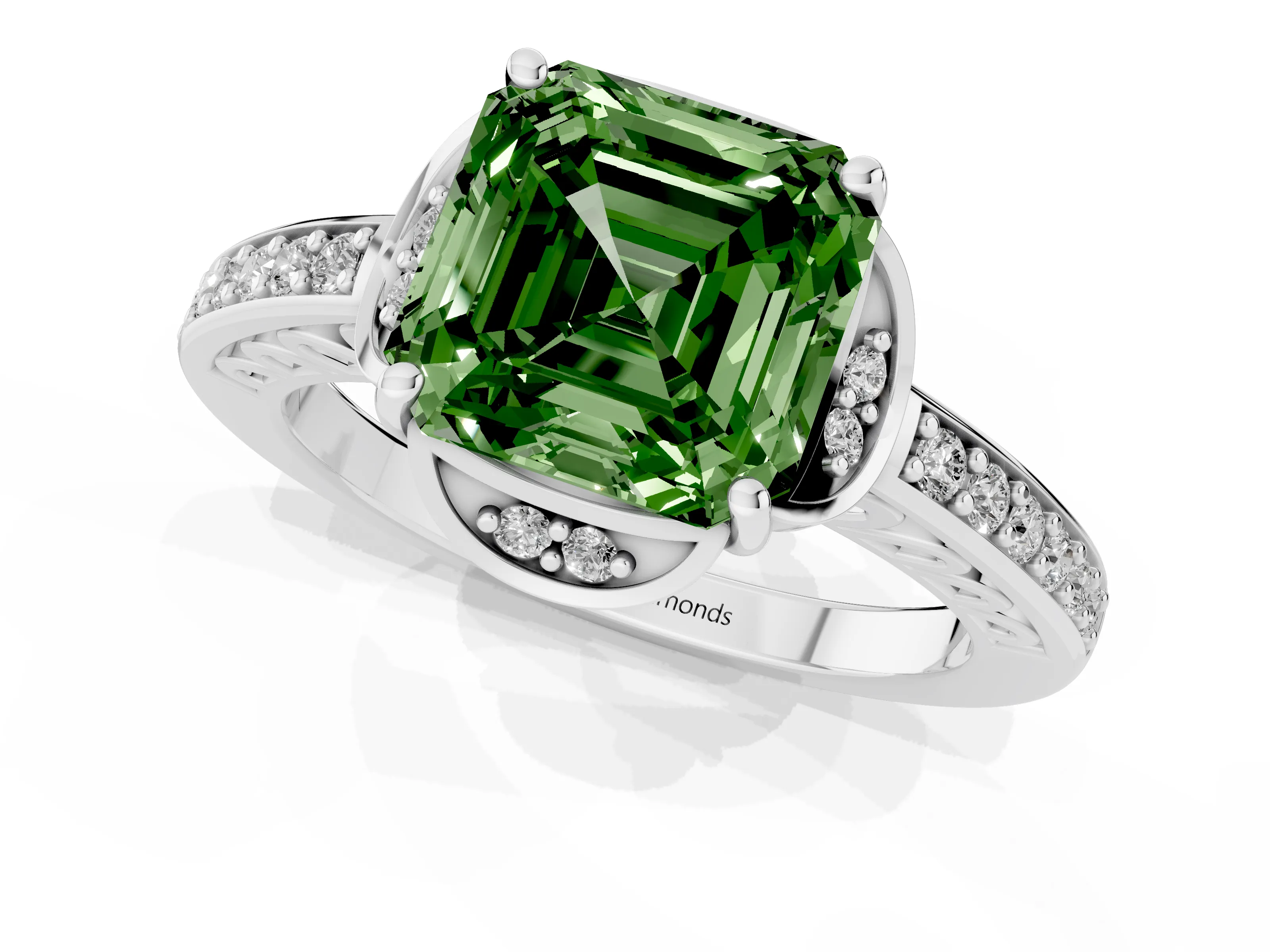 Fancy Green Asscher Cut Diamond Halo Ring Set in Platinum with Channel Set Band and Prong Setting