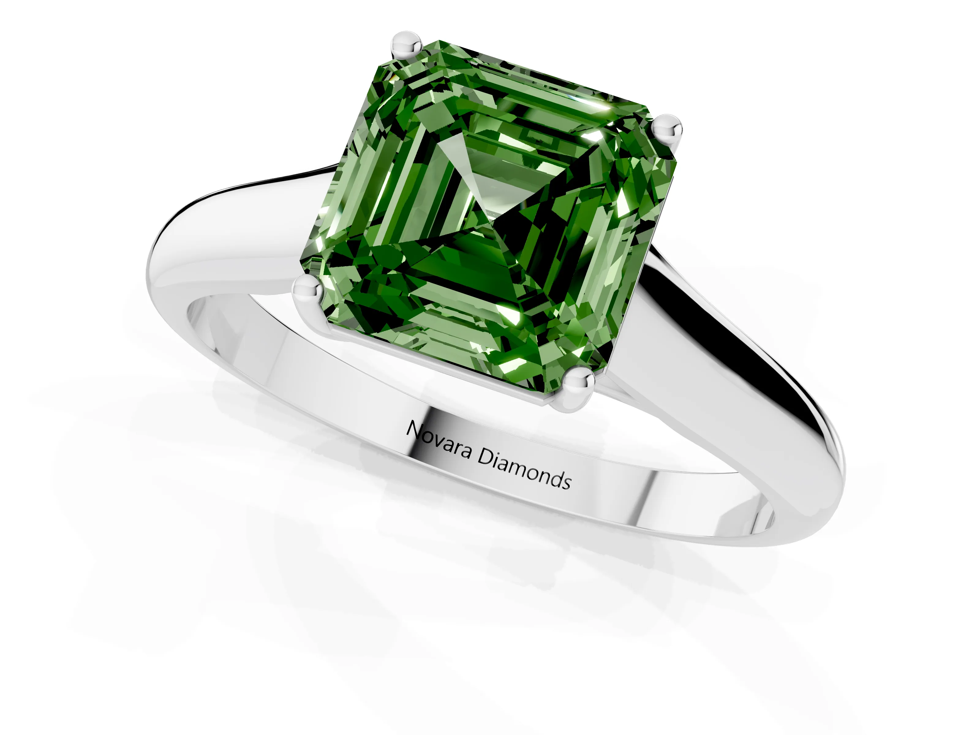 Fancy Green Asscher Cut Diamond Solitaire Engagement Ring Set in Platinum with Subtly Tapered Band and Prong Setting