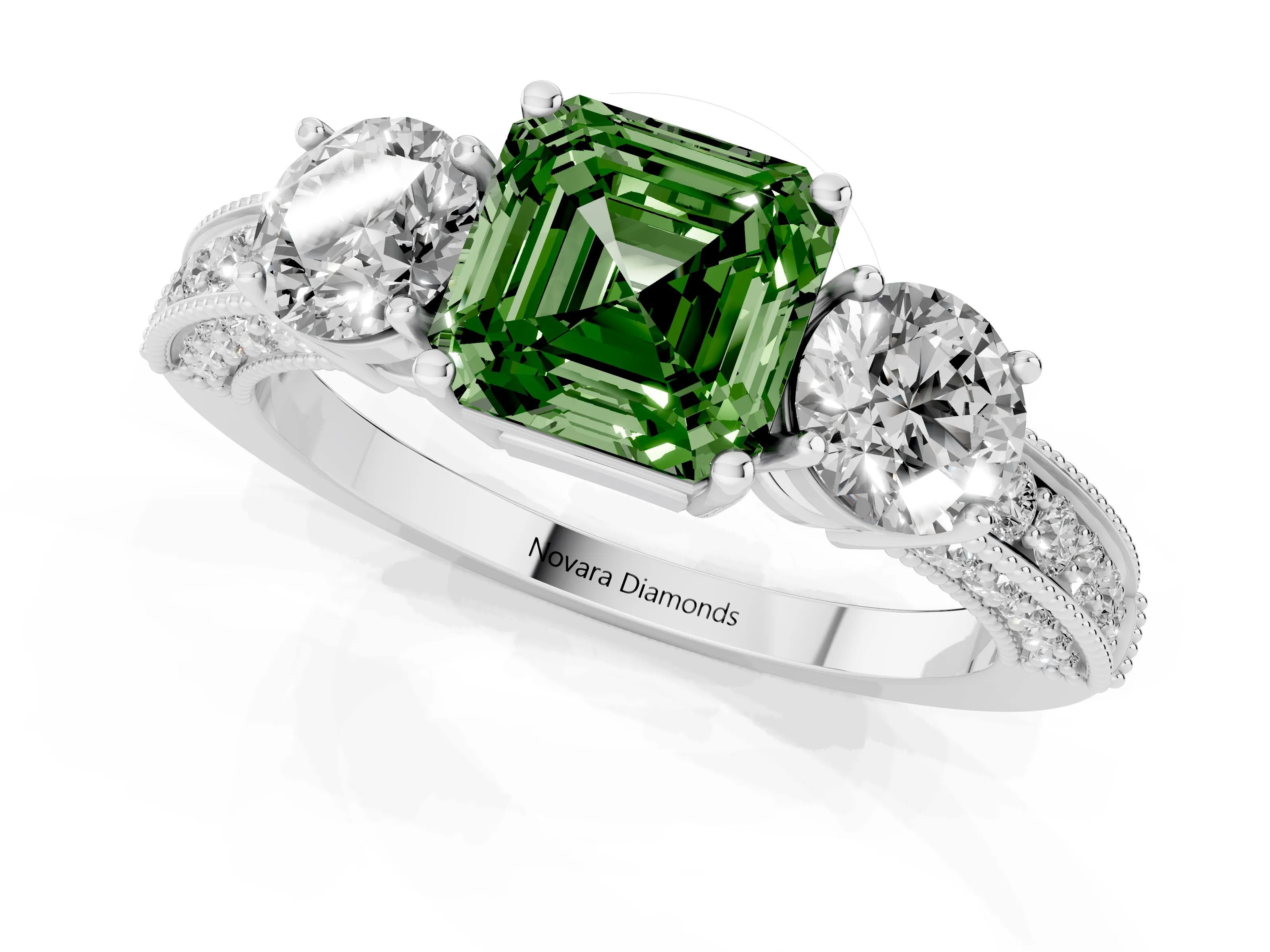 Fancy Green Asscher Cut Diamond Three-Stone Ring Set in White gold with Round Side Stones and Pavé Band